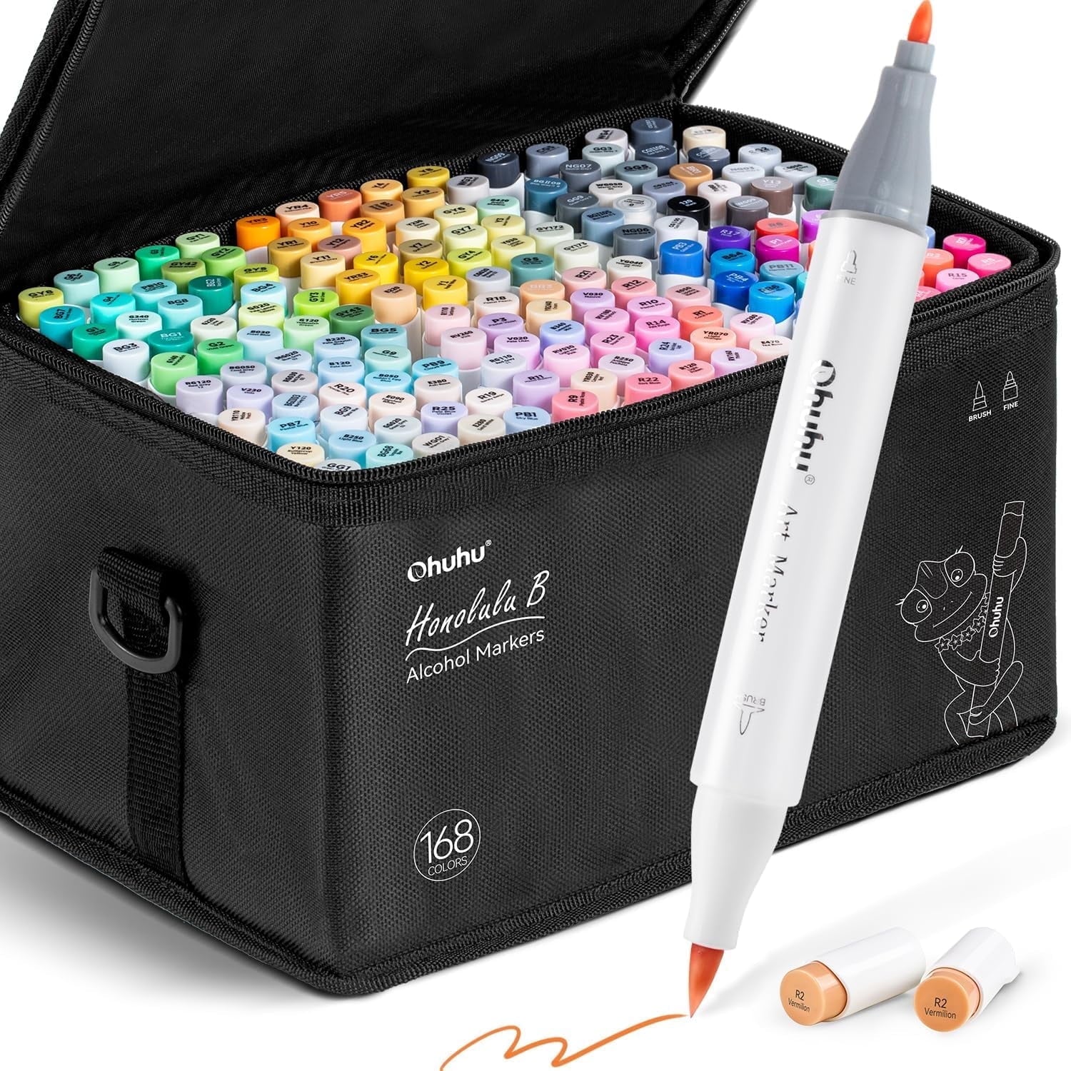 Ohuhu Alcohol Markers Brush Tip: 168-Color Double Tipped Art Marker Set for Artist Adults Coloring Illustrations -Honolulu B -Brush & Fine -Refillable