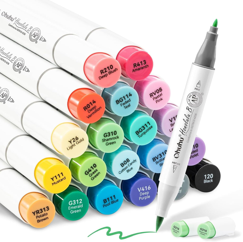 Ohuhu 24 Basic Alcohol Markers, Brush & Fine Tip, with Blender, for Sketching & Illustration, Honolulu B