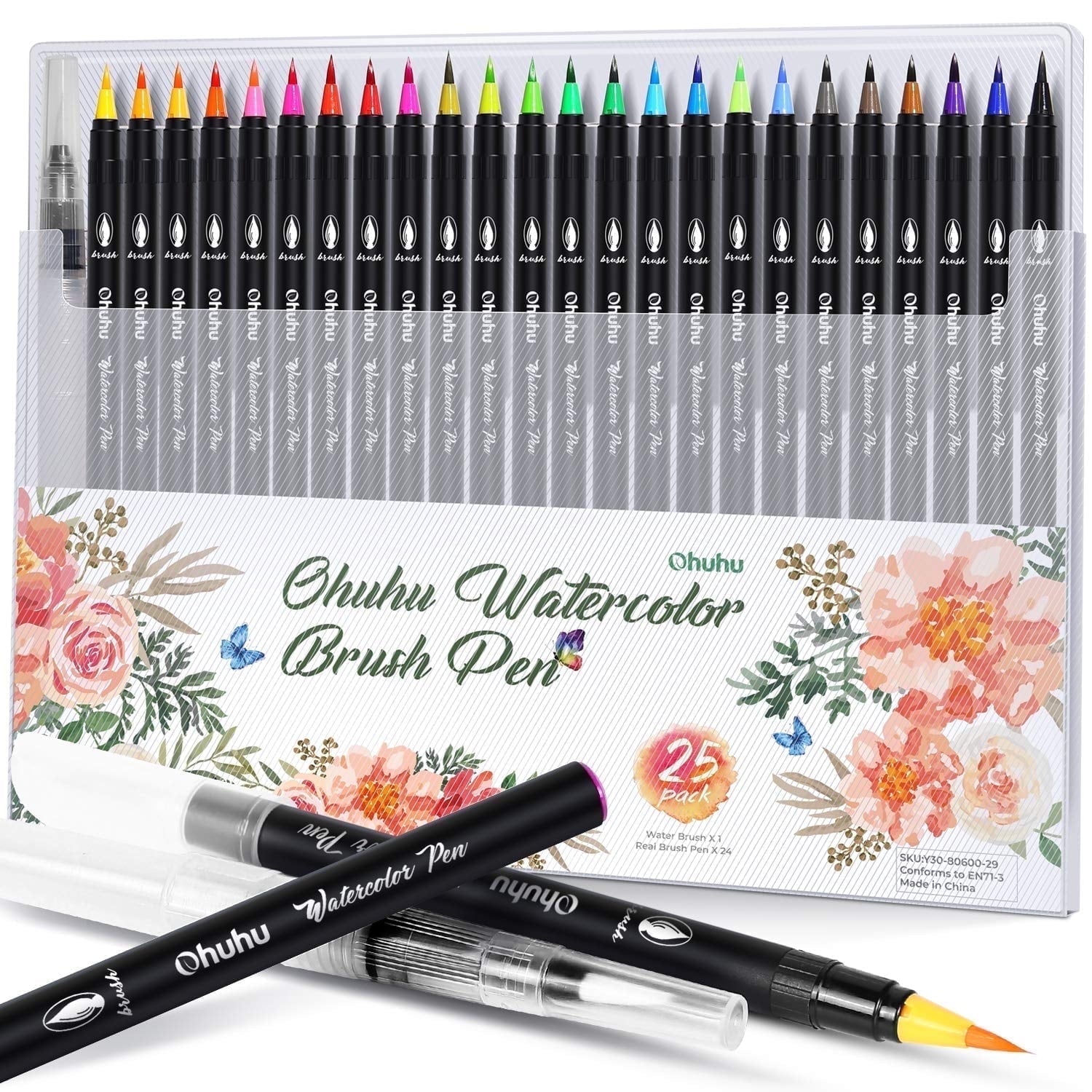 Ohuhu 24 Colors Professional Watercolor Brush Markers, Water-Based Drawing Pens with Blending Aqua Pen for Adult Coloring, Comic, Calligraphy