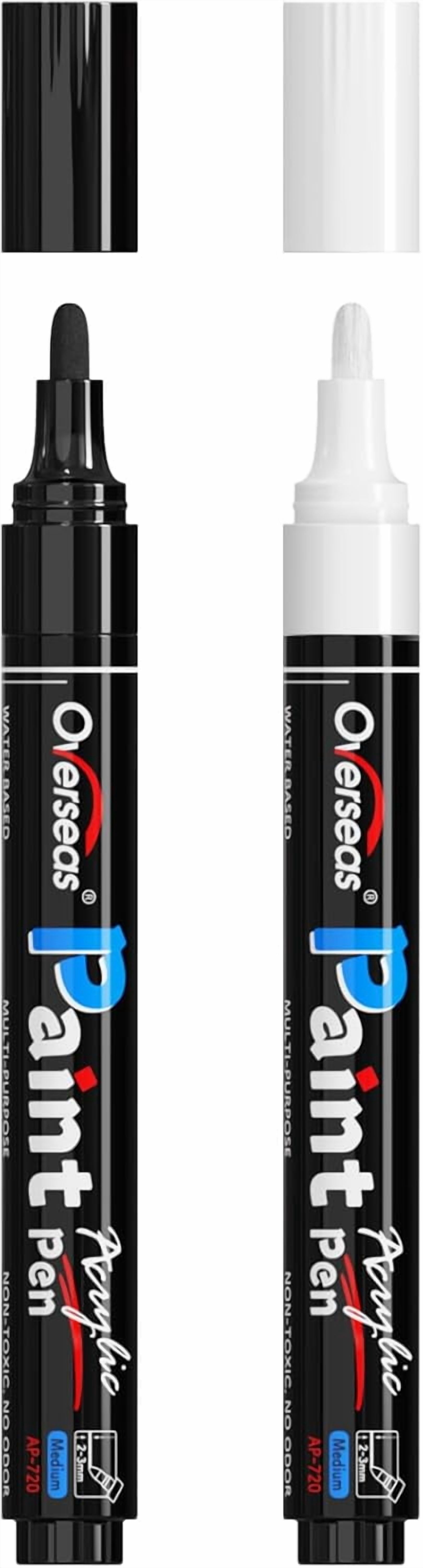 Overseas White & Black Paint Pens Paint Markers - Permanent Acrylic Markers 2 Pack, Water Based, Quick Dry, Waterproof Paint Marker Pen for Rock, Wood, Plastic, Metal, Canvas, Glass, Mugs. Medium Tip