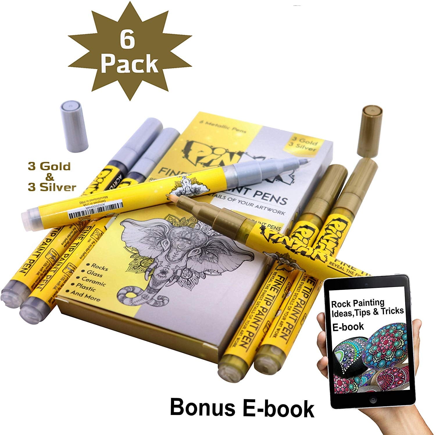 PINTAR Premium Acrylic Paint Pens - 3 Gold & 3 Silver(6-Pack) Extra Fine Tip(0.7) Rock Painting, Ceramic Glass, Wood, Paper, Fabric, Water Resistant Paint Set, Surface Pen, Craft Supplies, DIY Project