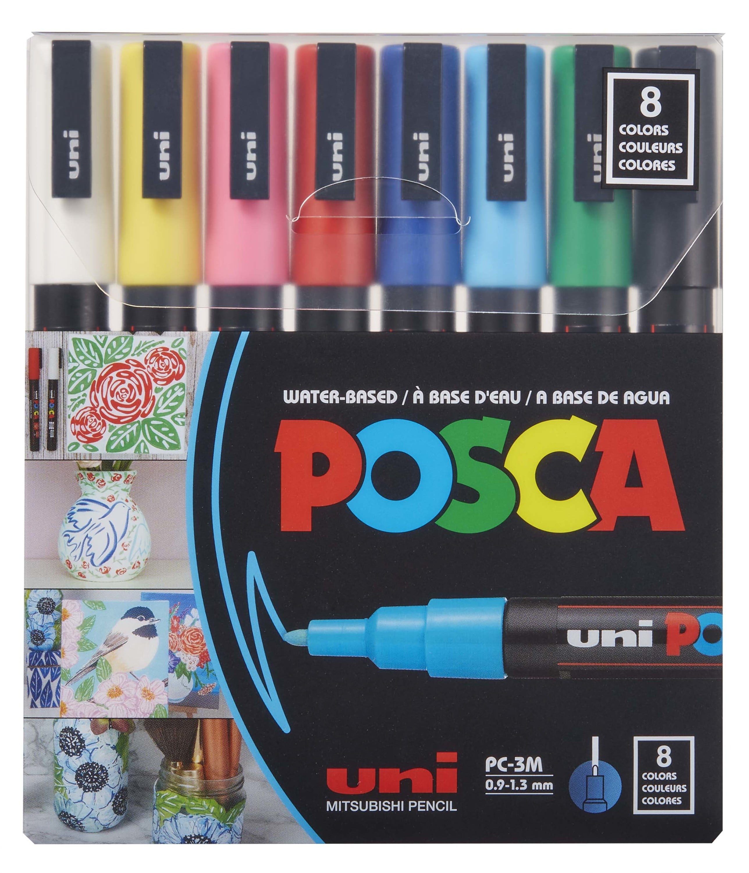 POSCA PC-3M Water-Based Paint Markers, Fine Tip (0.9-1.3mm), Assorted Colors, 8 Count