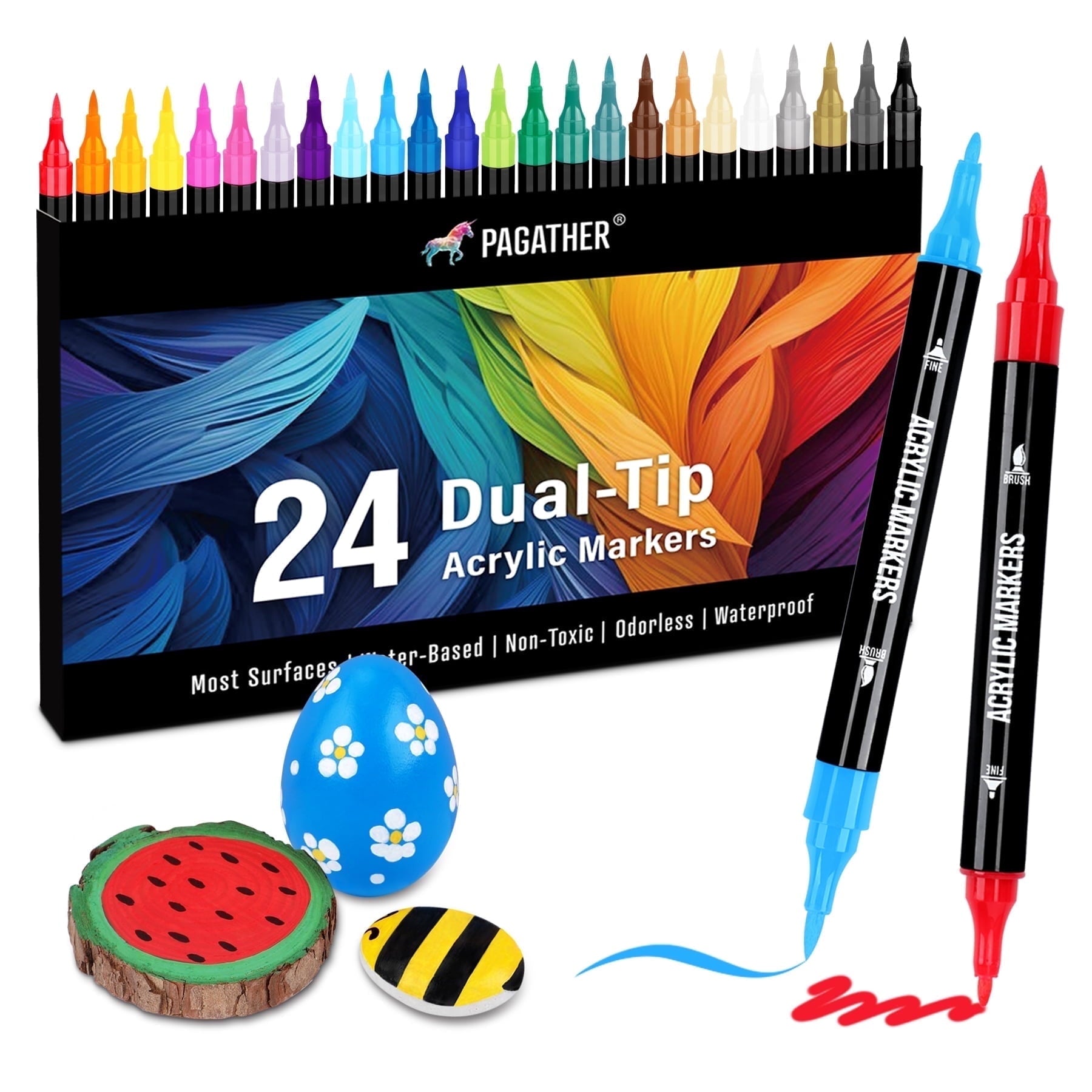 Pagather Acrylic Paint Art Markers, Fine and Brush Point, Assorted Colors, 24 Counts