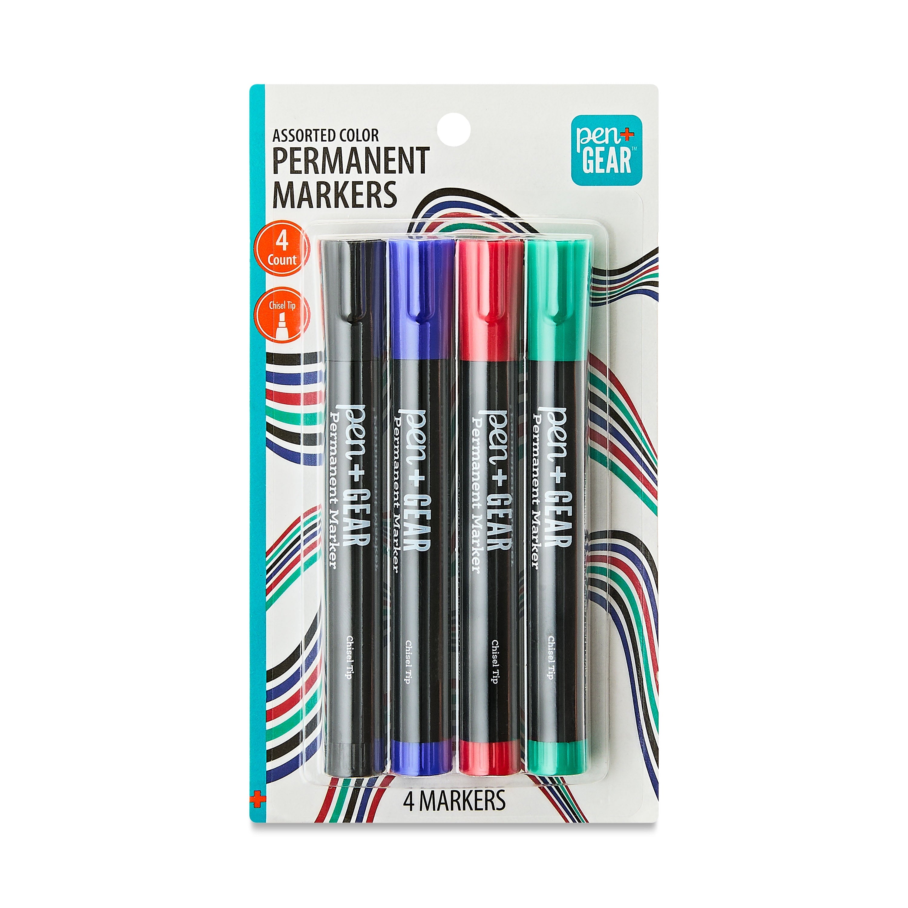 Pen+Gear Permanent Markers, Chisel Tip, Assorted Colors, 4 Count