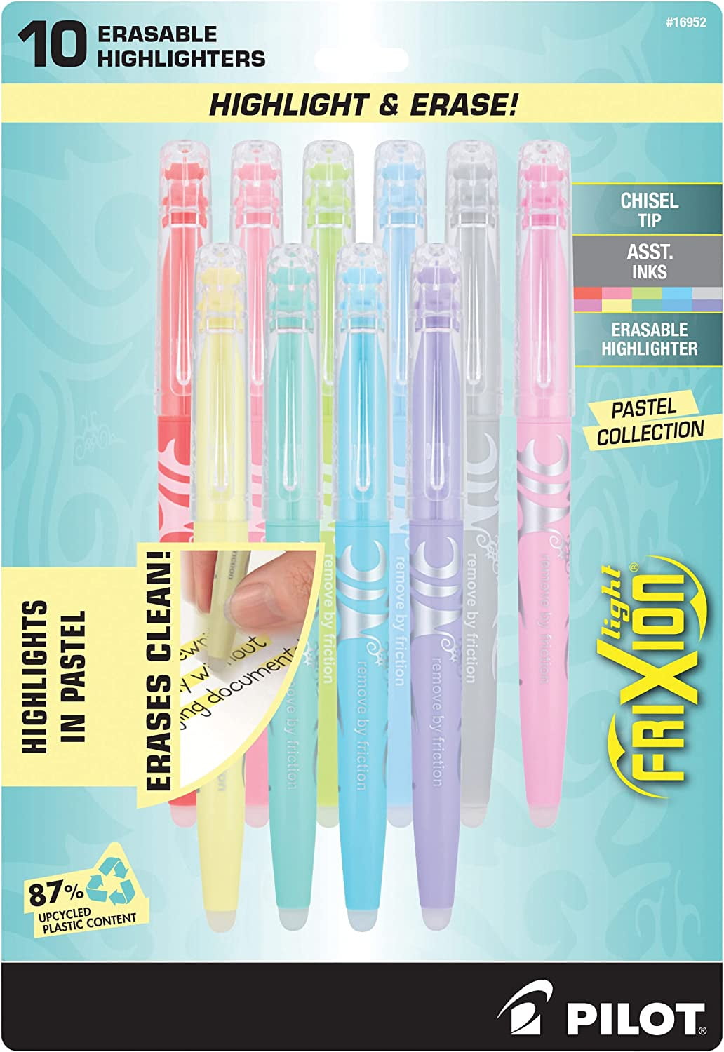 Pilot Frixion Light Pastel Collection Erasable Highlighters, Chisel Tip, Assorted Color Inks, 10-Pack