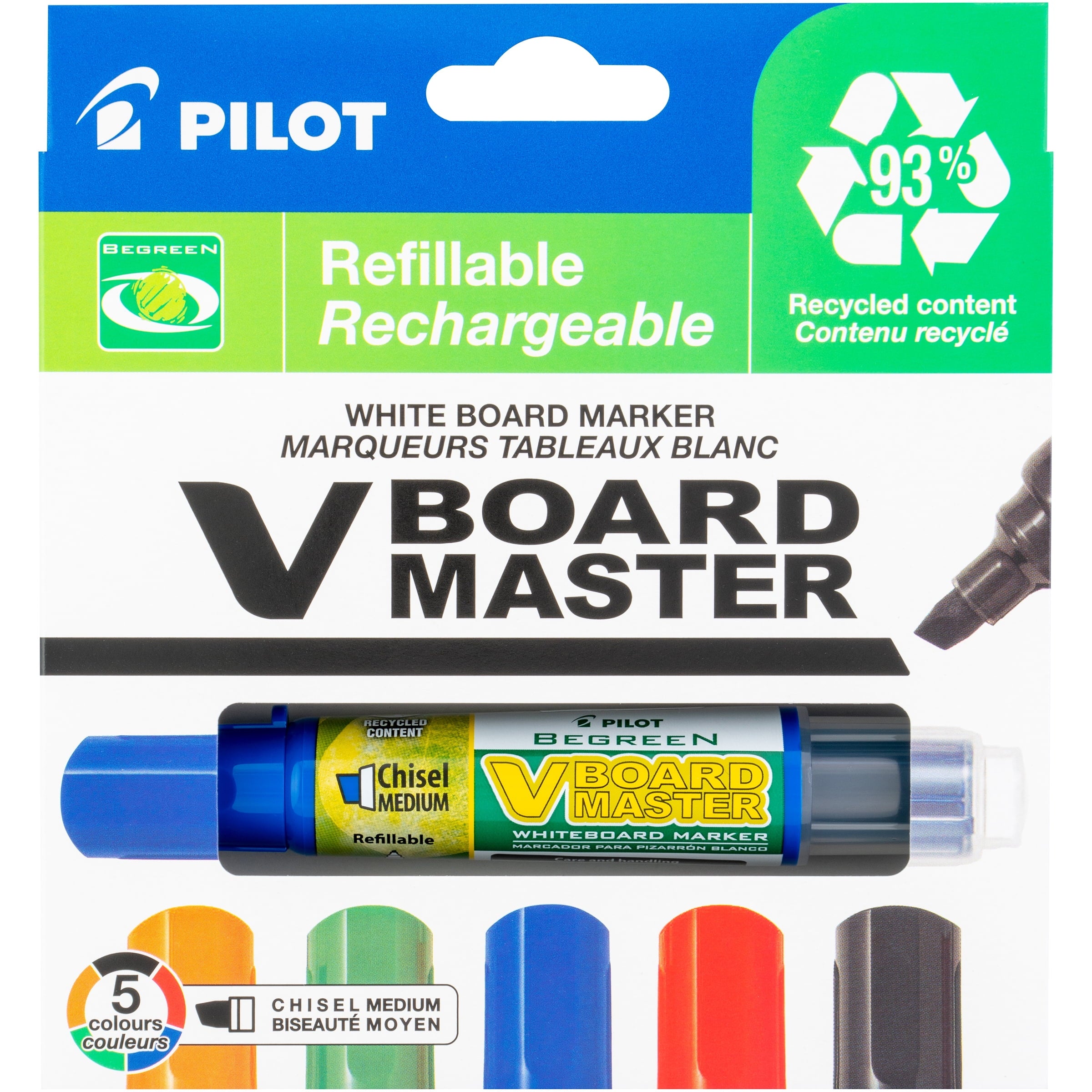 Pilot BeGreen VBoard Master Dry Erase Markers, Chisel Tip, Assorted Colors, 5 Count