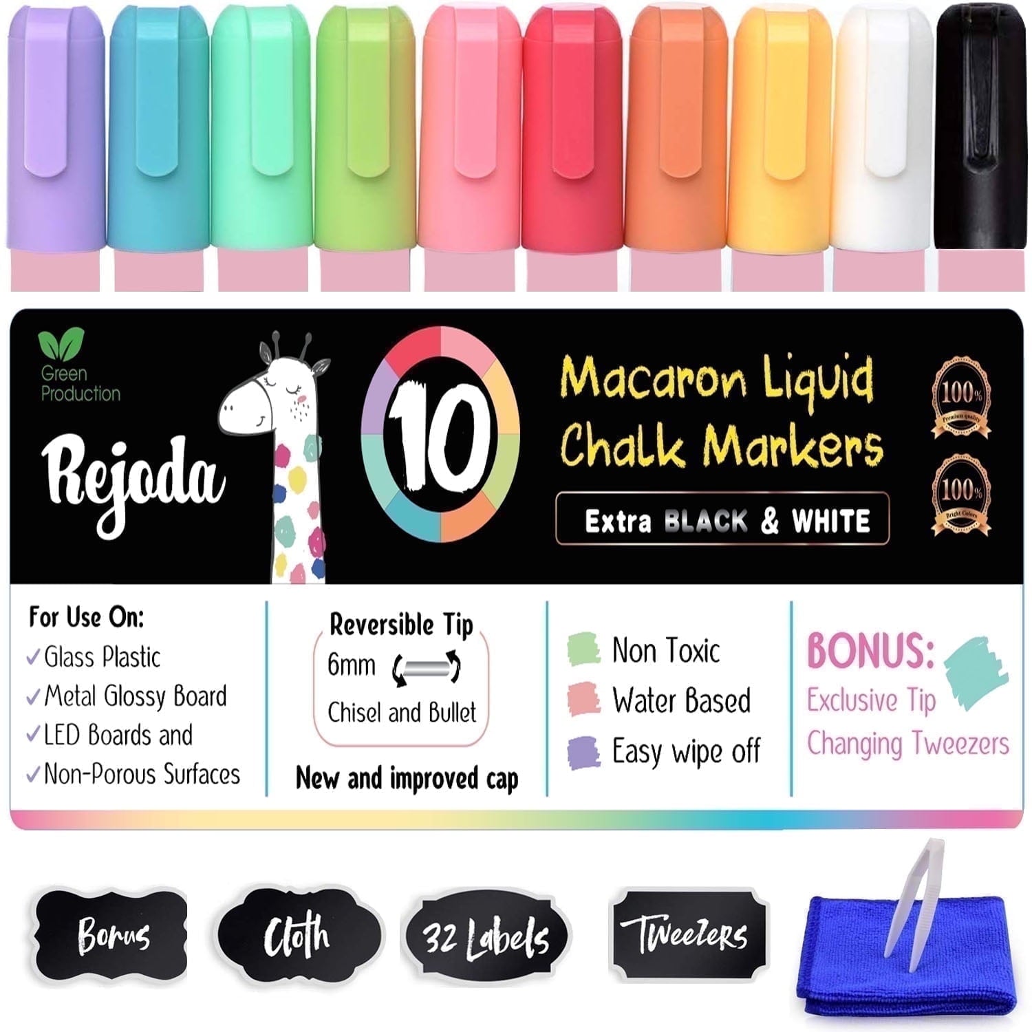 REJODA Liquid Chalk Markers for Blackboard, 10 Vintage Neon Colors Chalkboard Markers with Reversible Bullet and Chisel Tip. Chalk Pens for Glass with Bonus 32 Labels, Cleaning Cloth and Tweezers