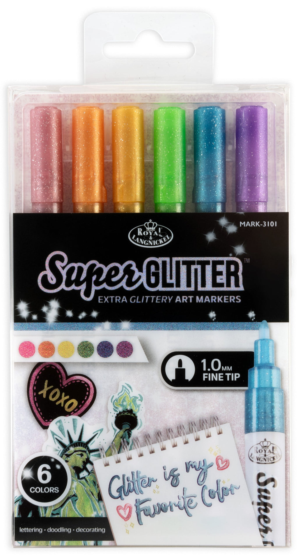 Royal & Langnickel -  6pc 1MM Super Glitter Marker Set, Primary Colors