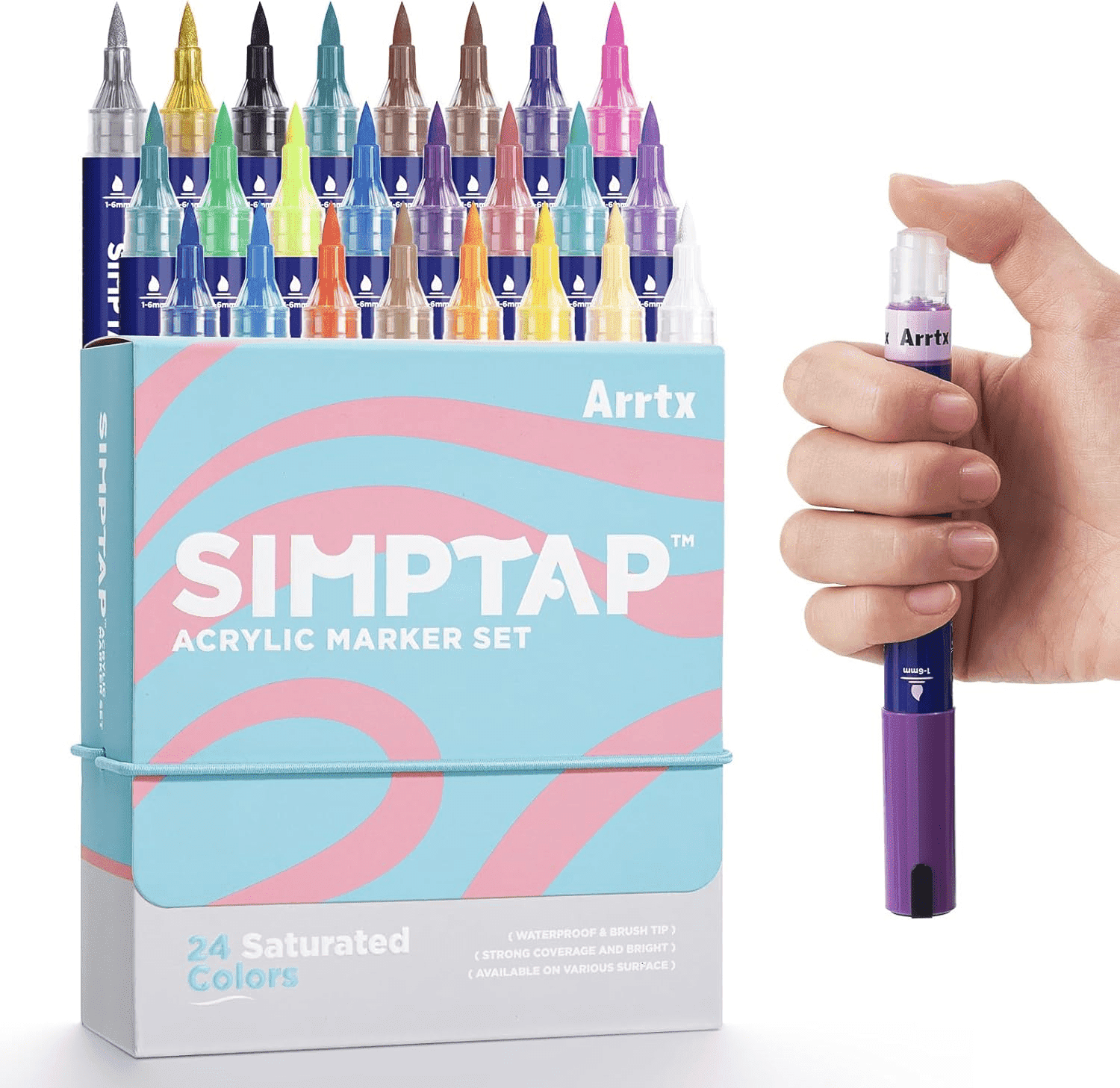 SIMPTAP Top Valve Action Markers, Set of 24 Colors Acrylic Paint Pens Art Supplies for Adults