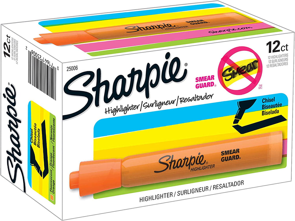Sharpie 25006 Tank Style Highlighters, Chisel Tip, Fluorescent Orange, Box Of 12