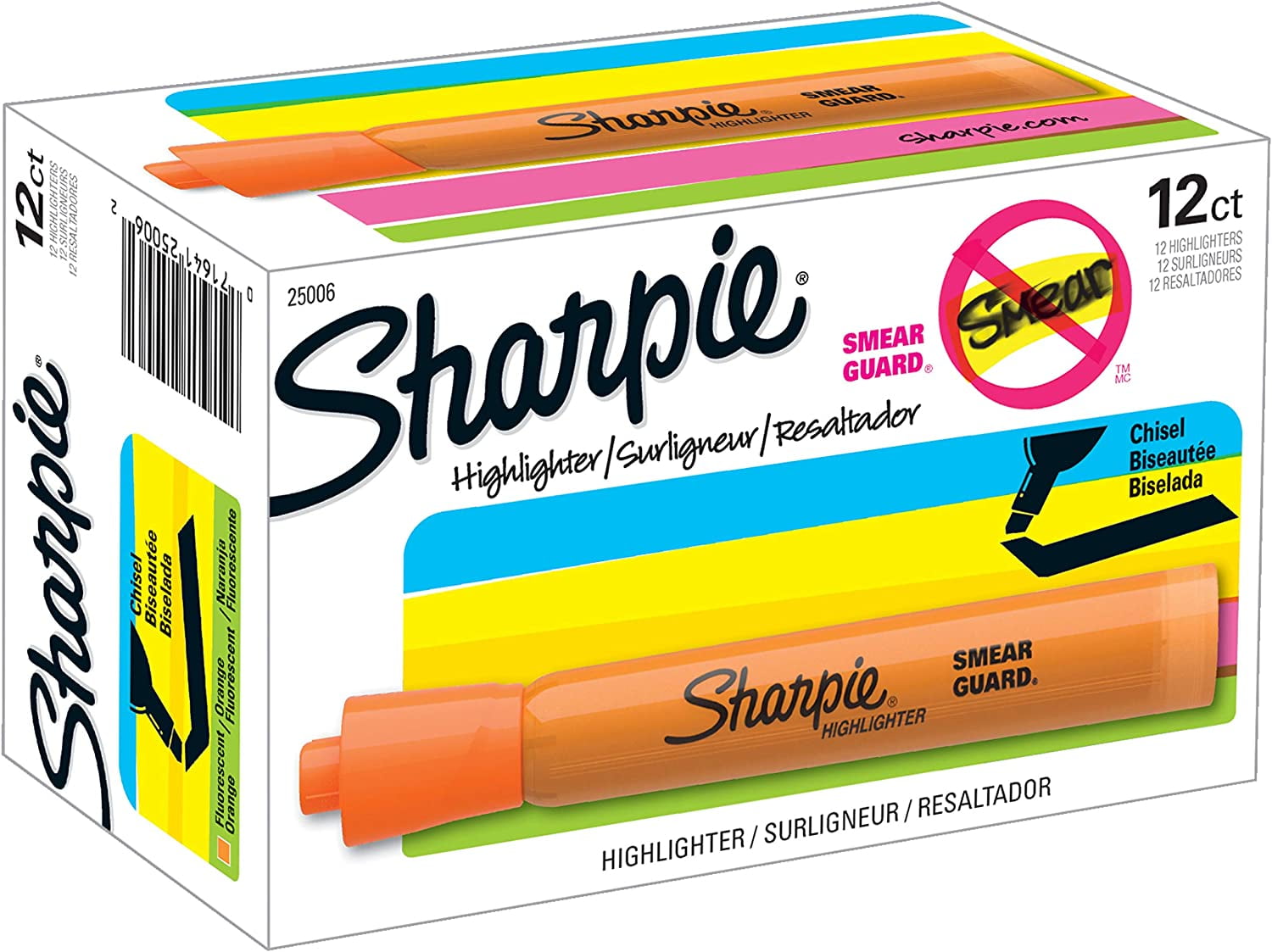 Sharpie 25006 Tank Style Highlighters, Chisel Tip, Fluorescent Orange, Box Of 12