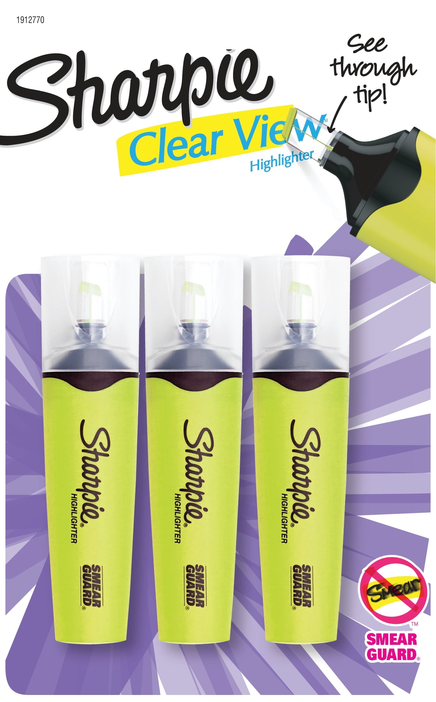 Sharpie Clear View Highlighters, Chisel Tip, Fluorescent Yellow, 3 Pack