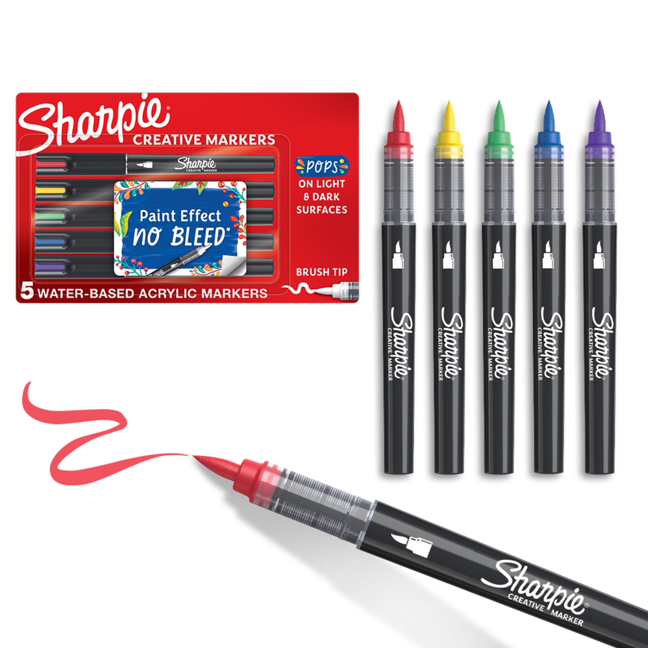 Sharpie Creative Markers, Water-Based Acrylic Markers, Brush Tip, Assorted Colors, 5 Count