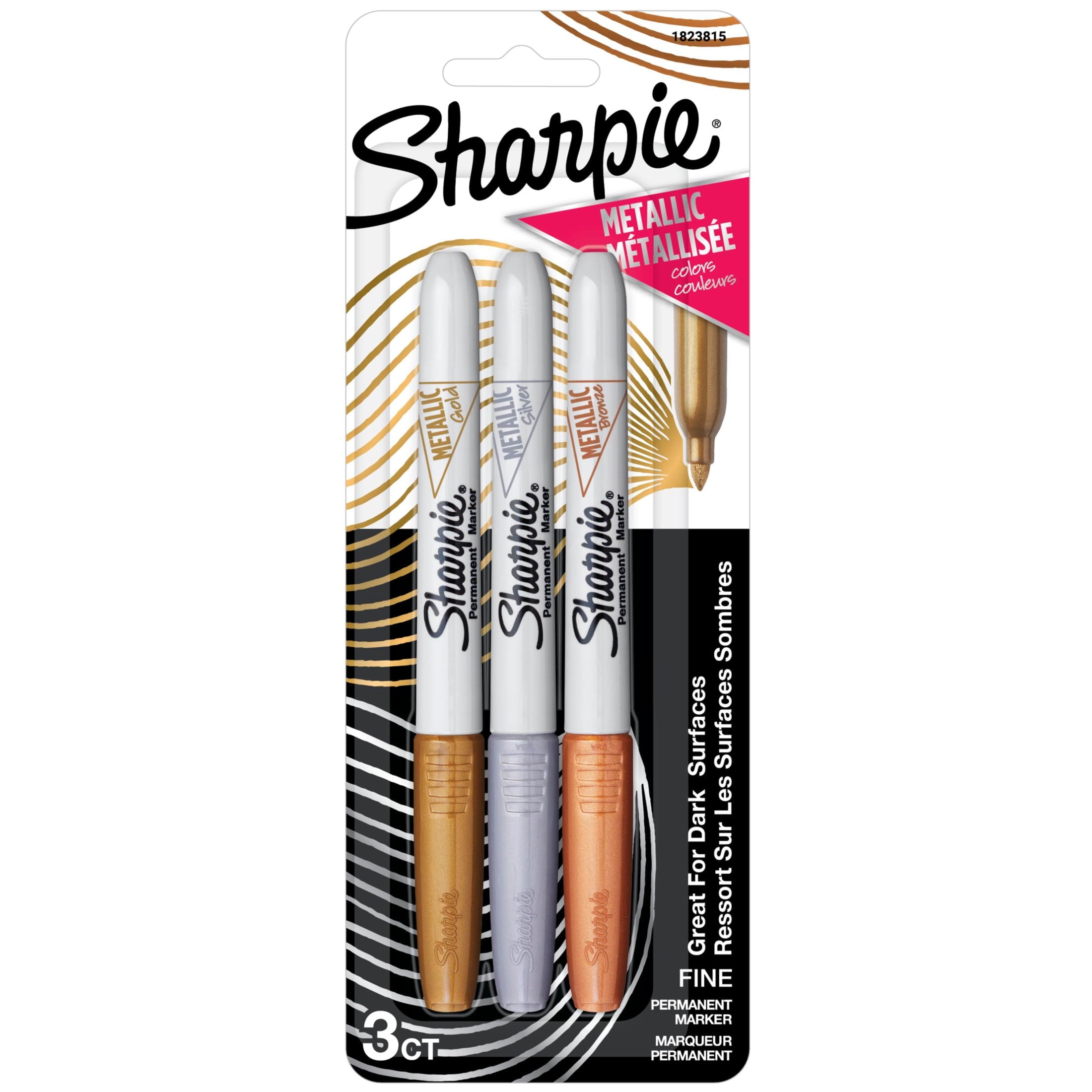 Sharpie Metallic Permanent Markers, Fine Point, Assorted Metallic, 3 Count