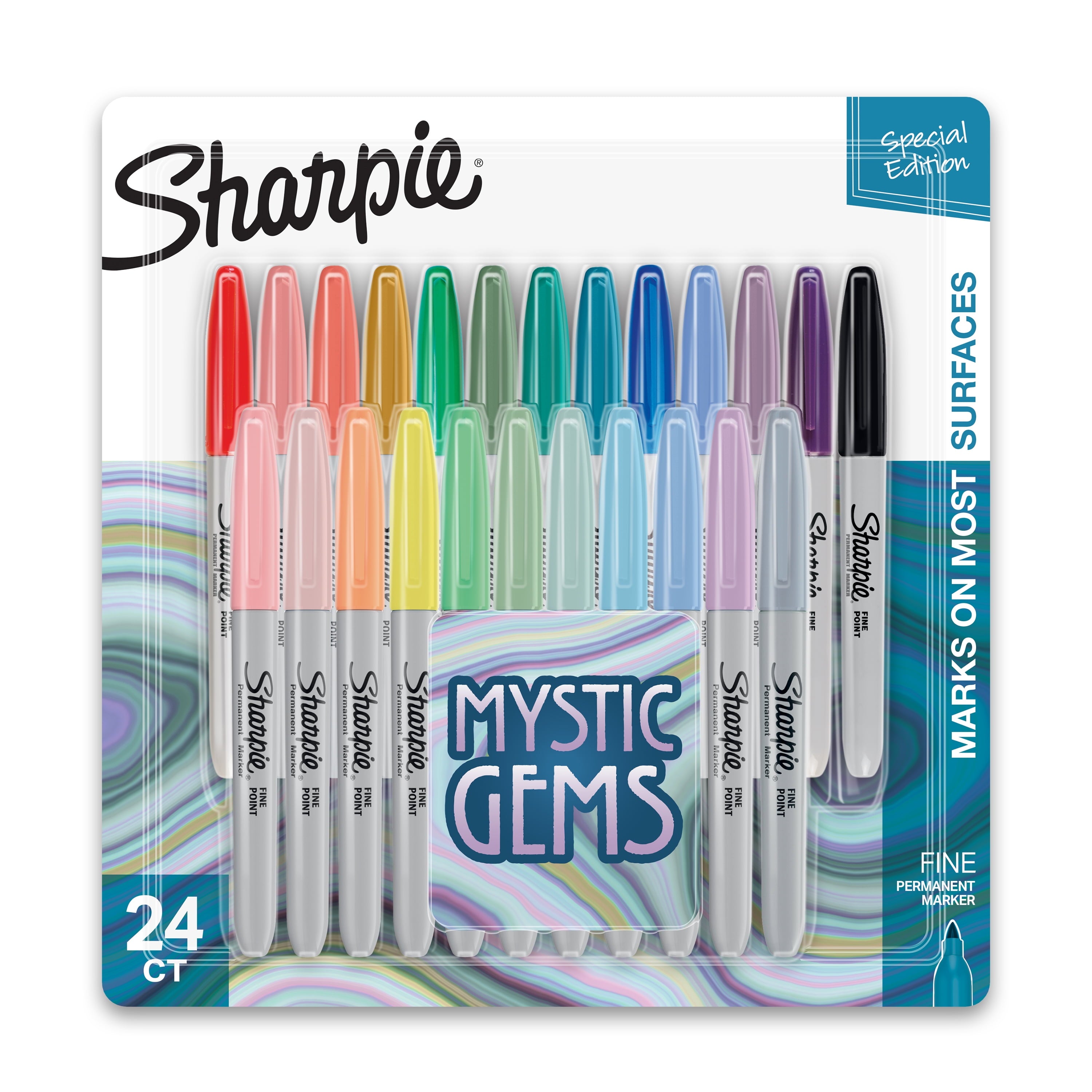 Sharpie Permanent Markers, Fine Point, Featuring Mystic Gem Color Markers, Assorted, 24 Count