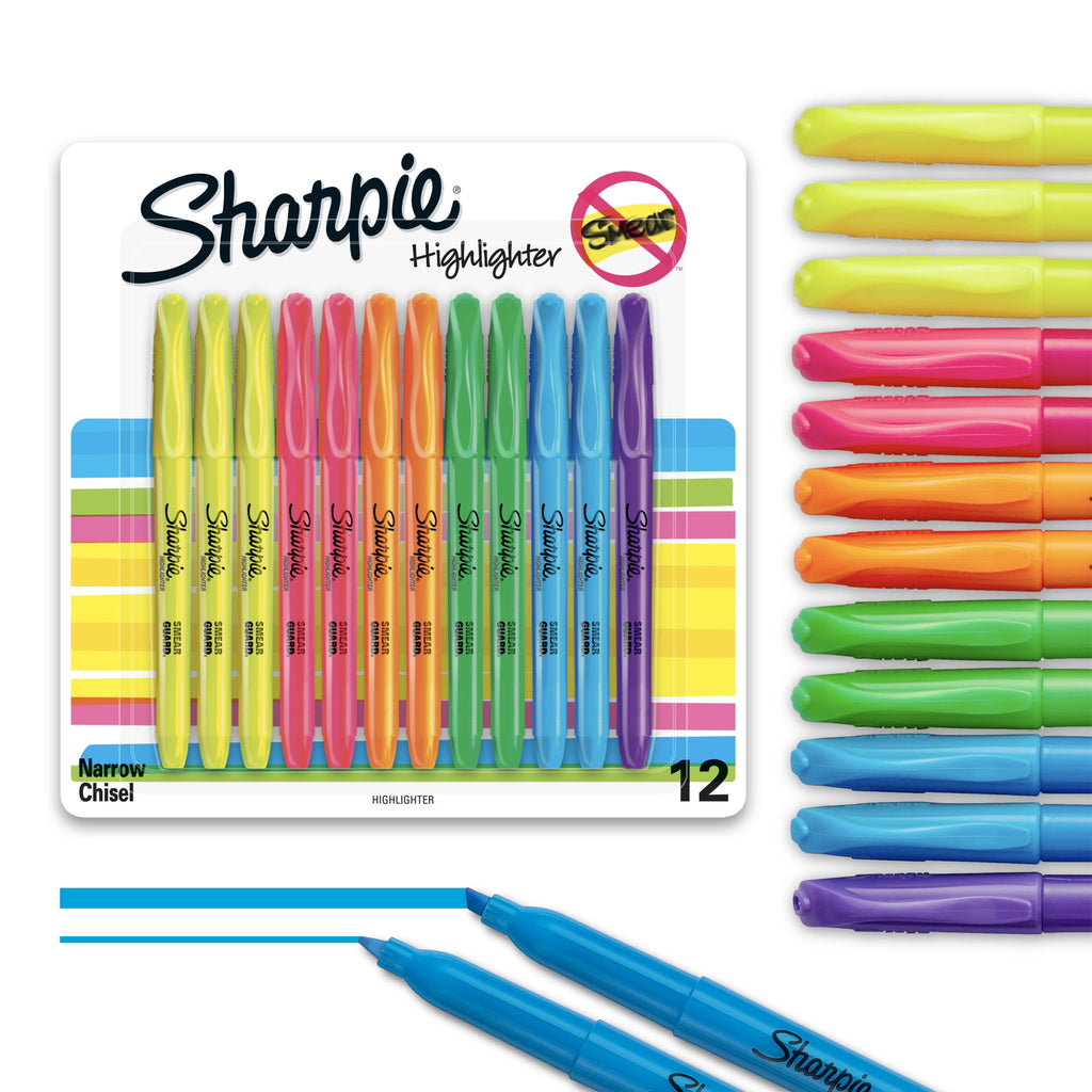 Sharpie Pocket Highlighters, Chisel Tip, Fluorescent Colors, 12 Count