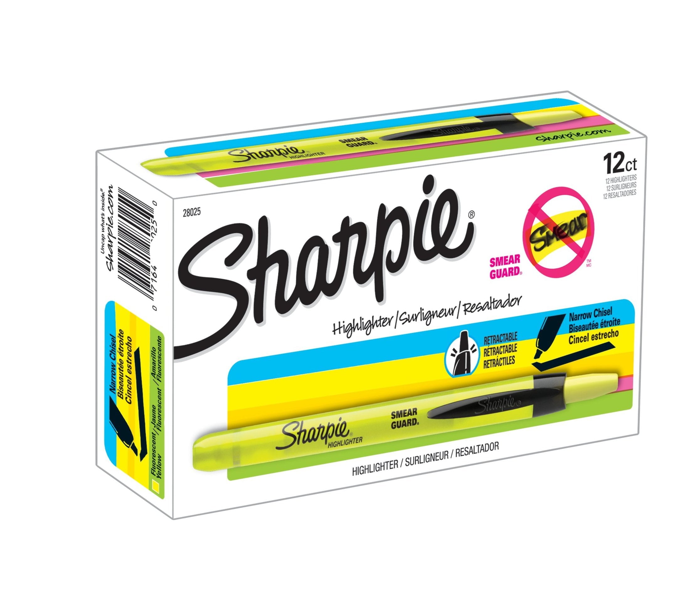 Sharpie Retractable Highlighters, Chisel Tip, Fluorescent Yellow, 12 Count