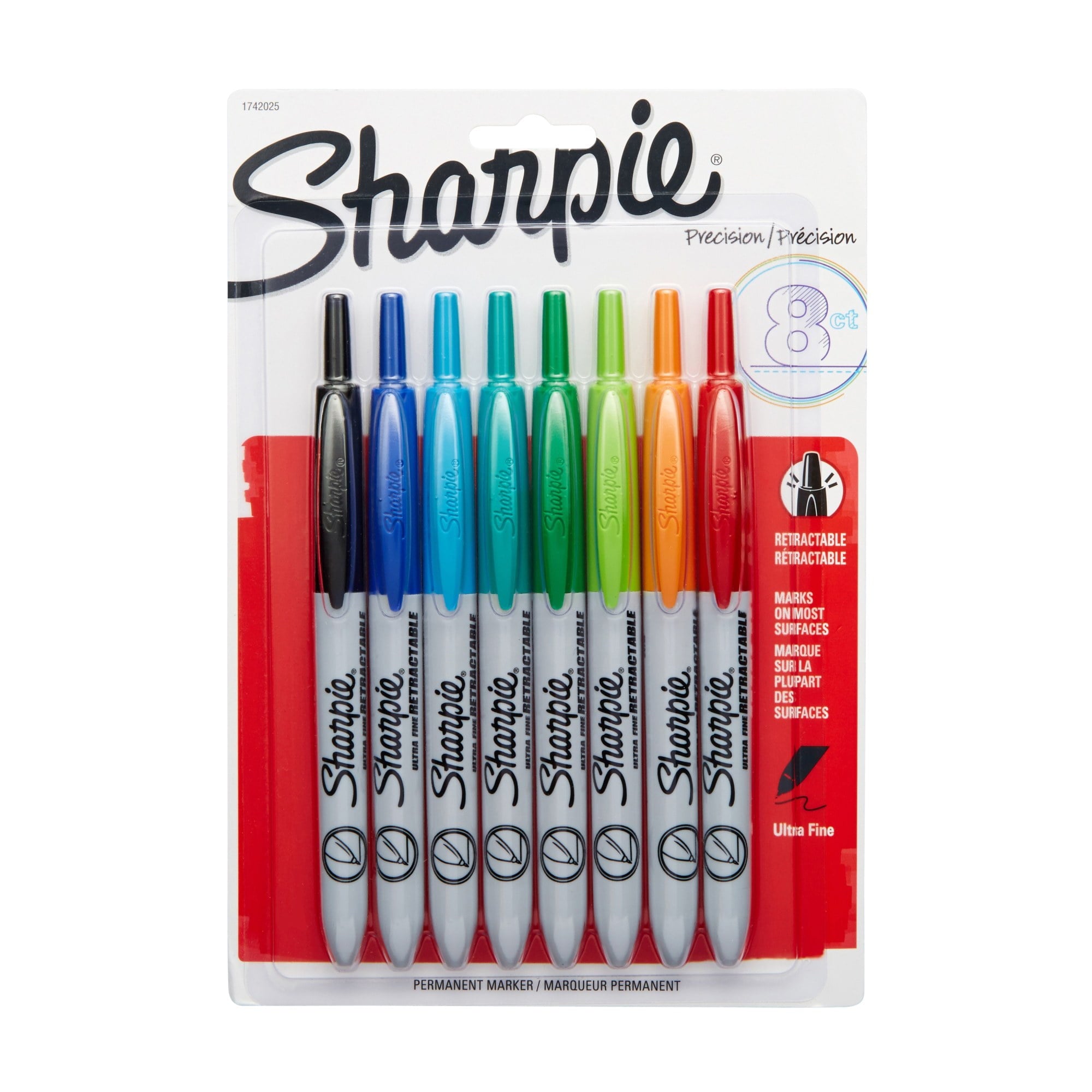 Sharpie Retractable Permanent Marker, Ultra Fine Tip, Assorted Colors, 8/Set