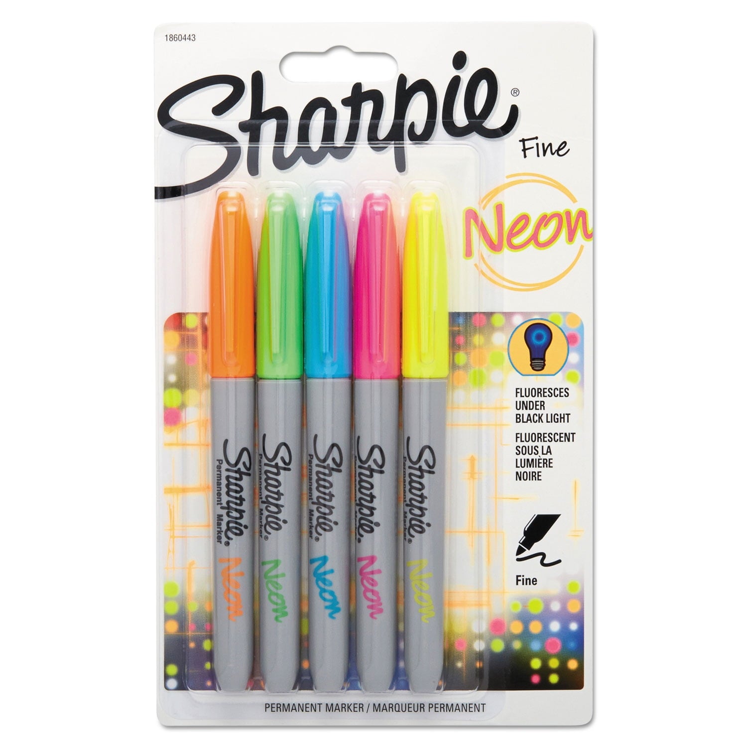 Sharpie 1860443 Fine Bullet Tip Neon Permanent Markers - Assorted Colors (5/Set)