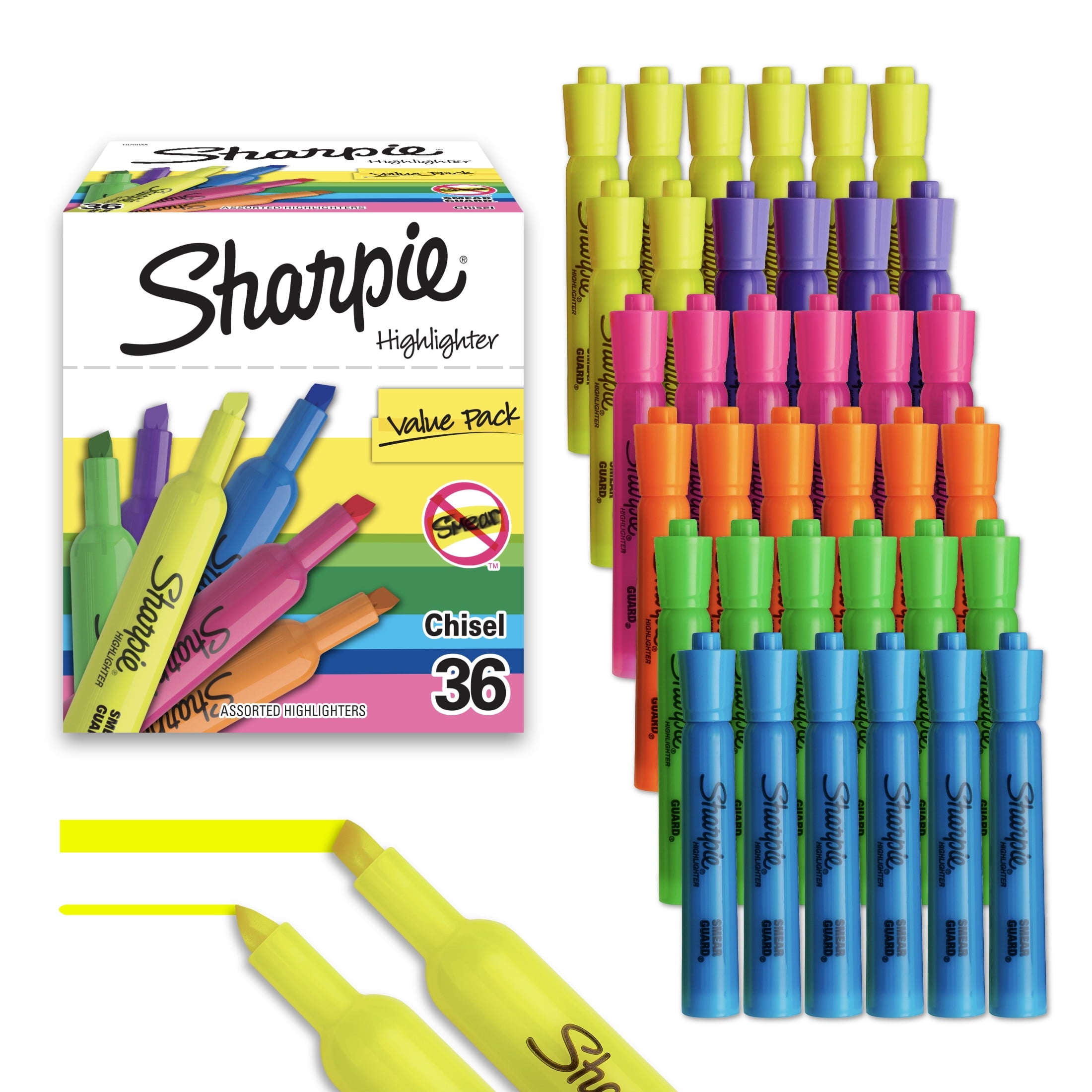 Sharpie Tank Highlighters, Chisel Tip, Assorted Color Highlighters, Value Pack, 36 Count