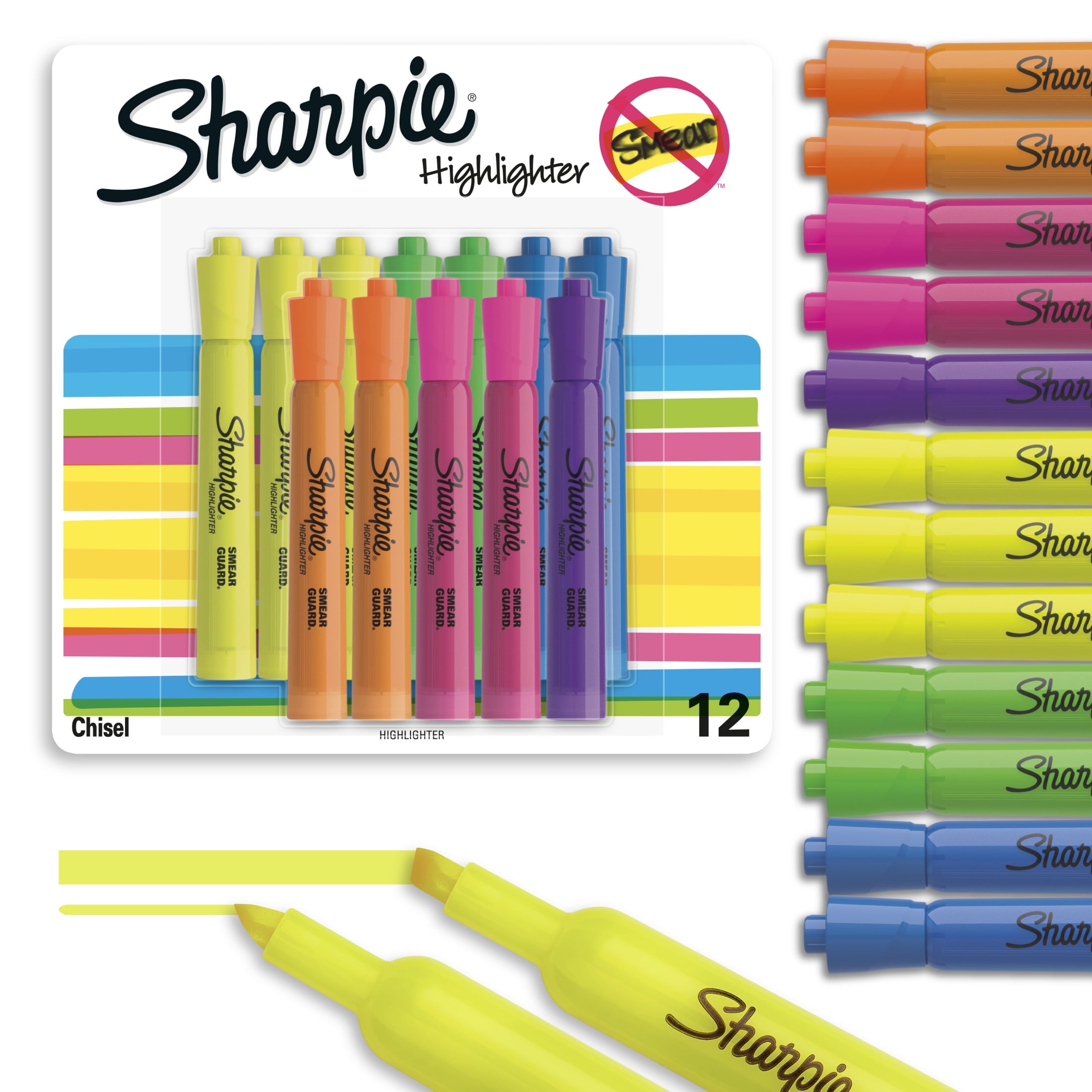 Sharpie Tank Style Highlighters, Chisel Tip, Assorted Colors, 12 Count