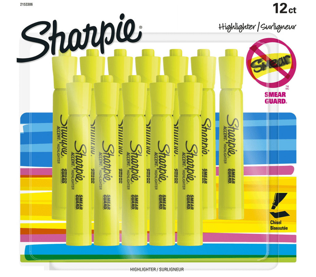 Sharpie Tank Style Highlighters, Chisel Tip, Fluorescent Yellow, 12 Count