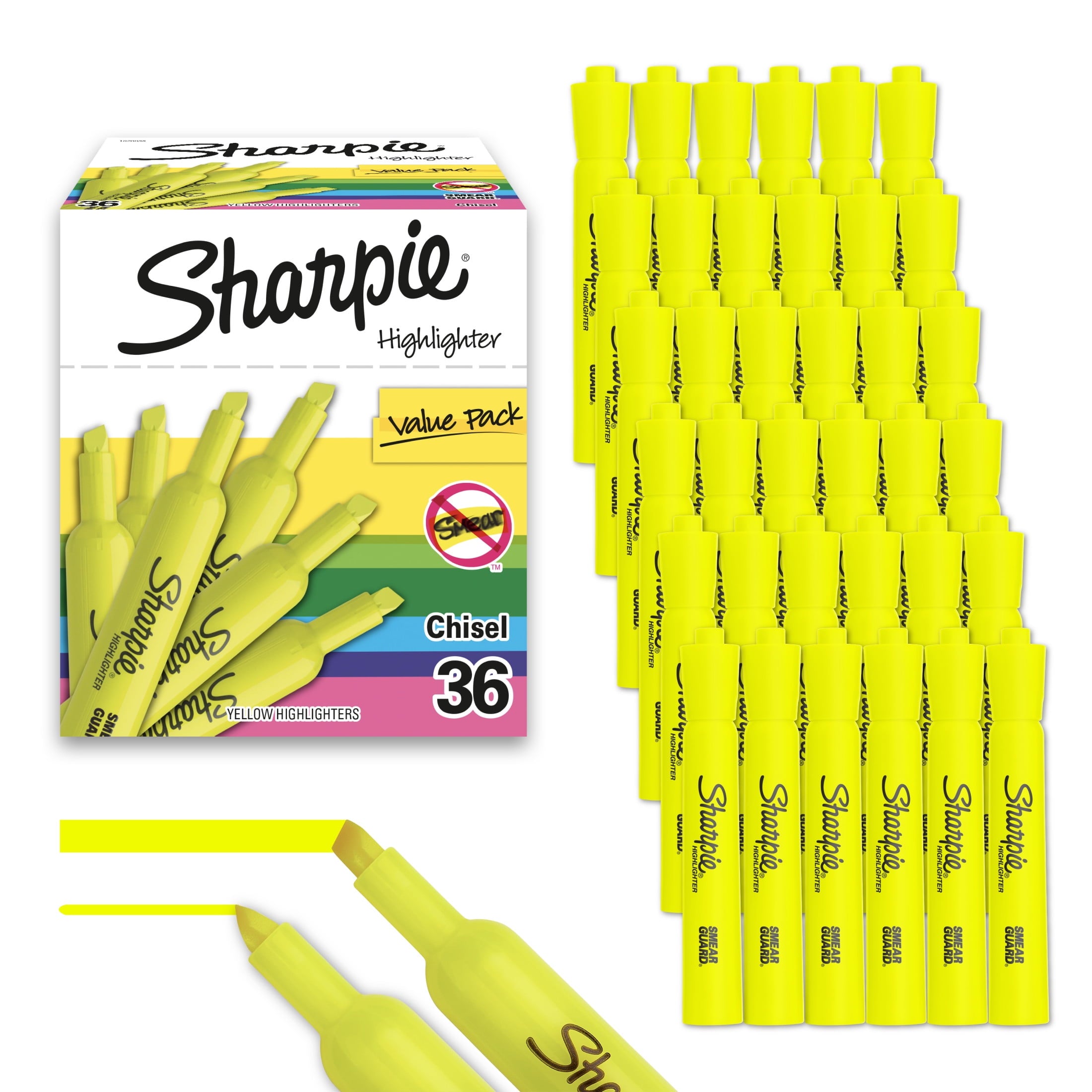 Sharpie Tank Style Highlighters, Chisel Tip, Fluorescent Yellow, Box of 36