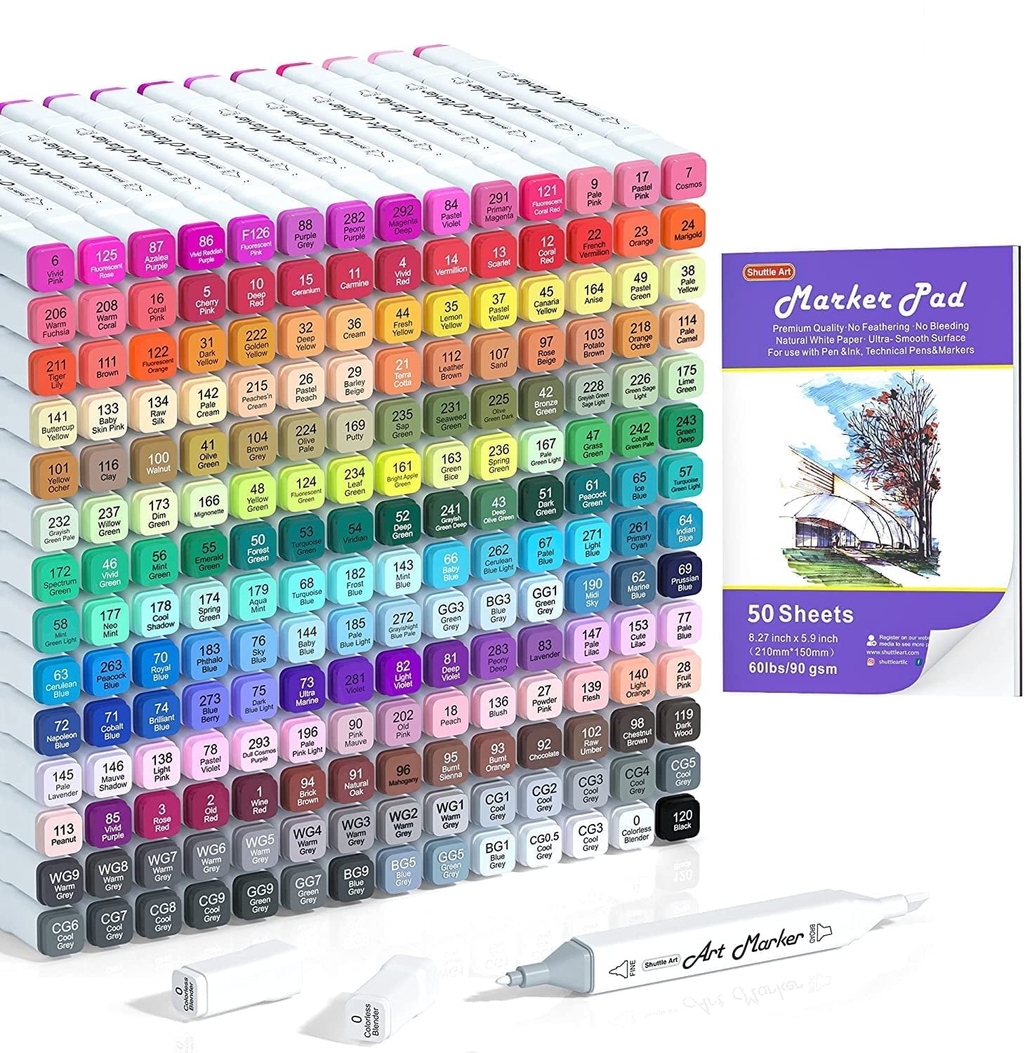 Shuttle Art 205 Colors Dual Tip Alcohol Art Markers, 204 Colors Permanent Marker Plus 1 Blender 1 Marker Pad 1 Case and Color Chart for Adult Artist Drawing Coloring Books Sketching