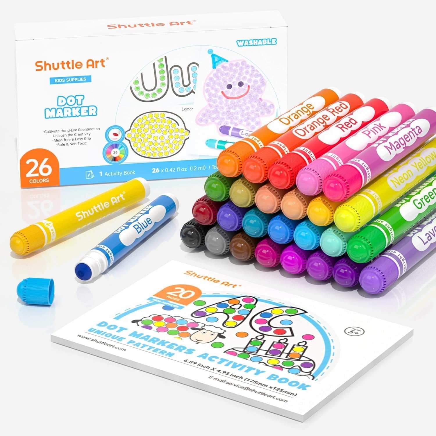 Shuttle Art Washable Dot Markers 26 Colors with Free Activity Book, Fun Art Supplies, Non Toxic Water-Based Paint Daubers, Dot Art Markers