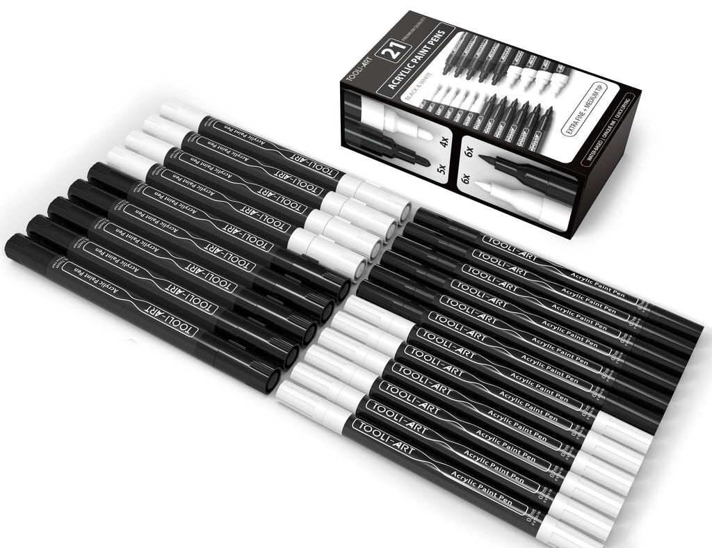 TOOLI-ART Black and White Acrylic Paint Pens with 0.7mm  and 3.0mm tip Markers Set of 21