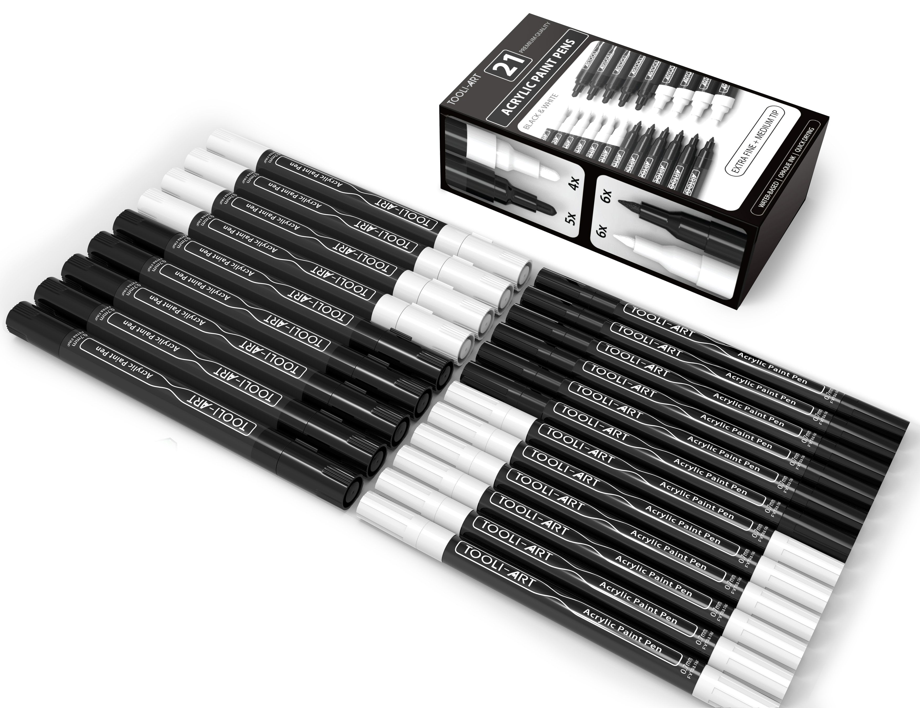 TOOLI-ART Black and White Acrylic Paint Pens with 0.7mm  and 3.0mm tip Markers Set of 21