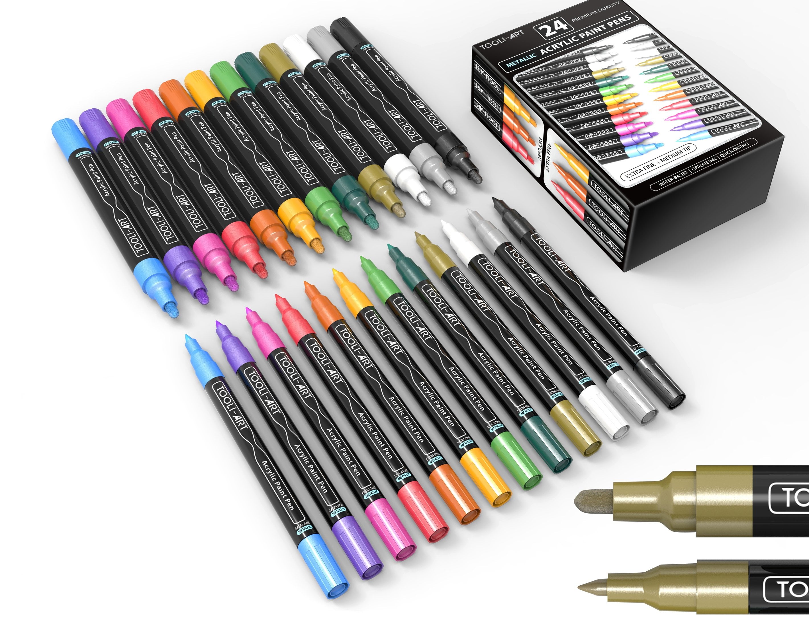Tooli-Art Metallic Acrylic Paint Pens Marker Set for Rocks, Glass, Mugs, and Most Surfaces with 0.7mm Extra Fine And 3.0mm Medium Tip Combo Marker Set of 24