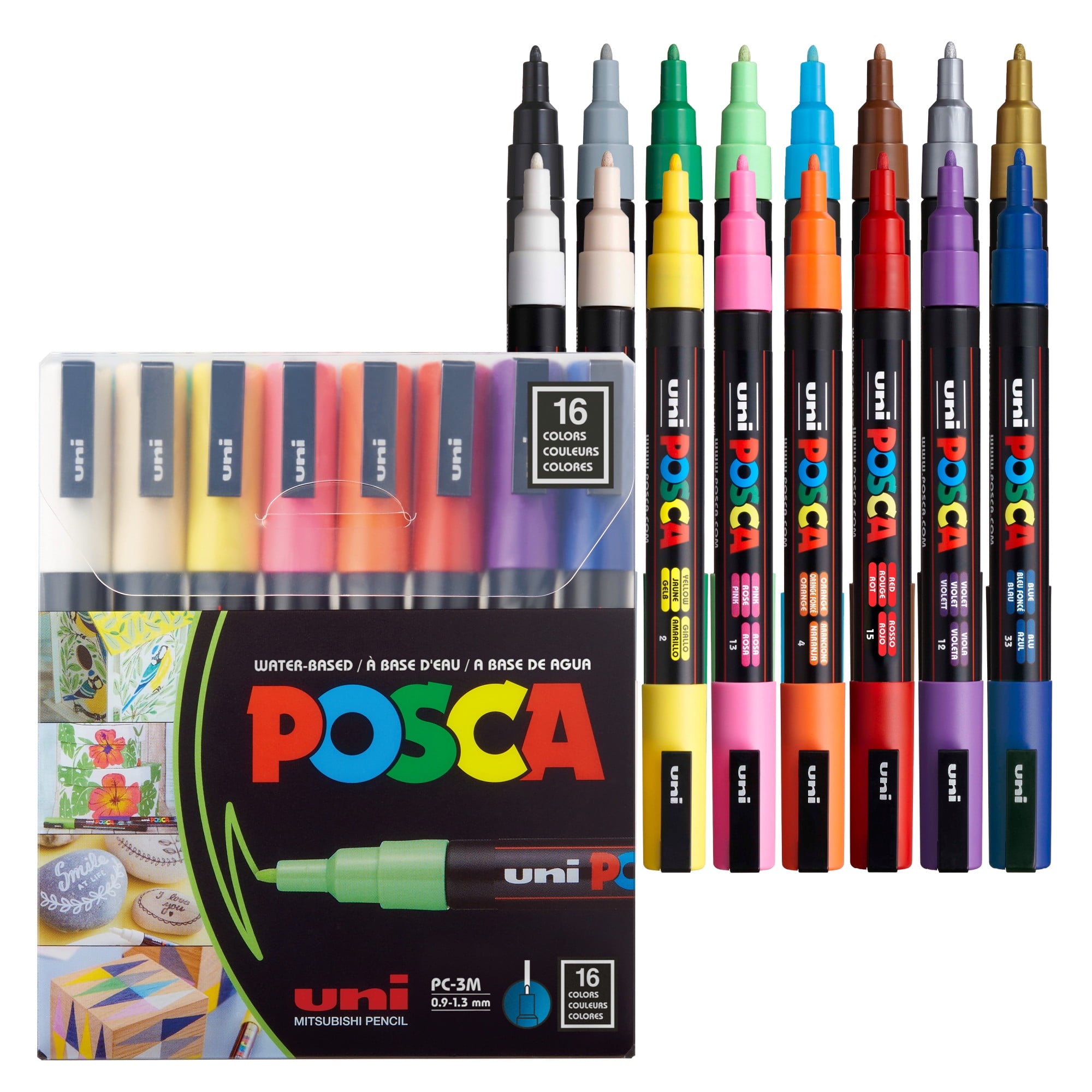Uni POSCA PC-3M Water-Based Paint Markers, Fine Tip (0.9-1.3mm), Assorted Colors, 16 Count