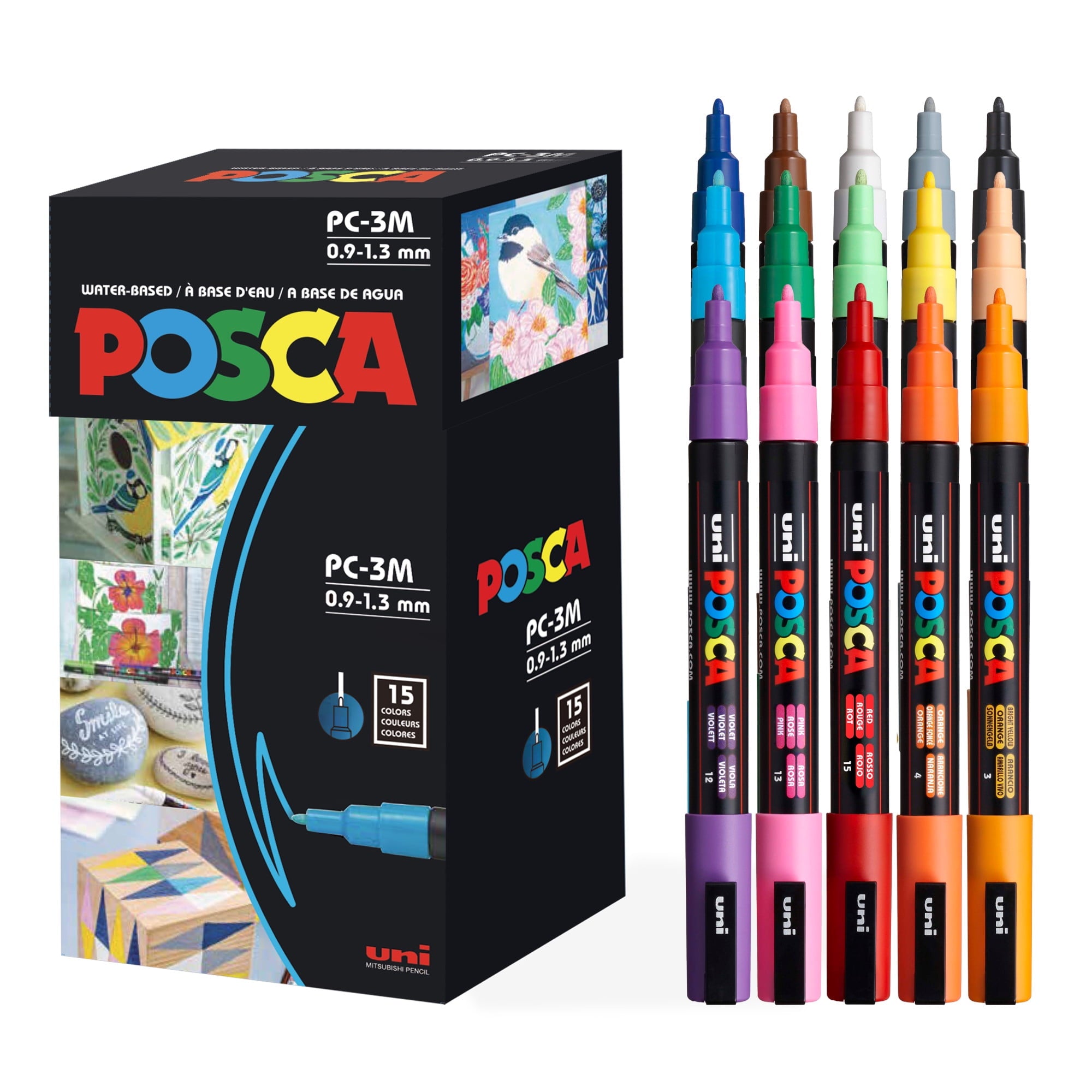 Uni POSCA PC-3M Water-Based Paint Markers, Reversible Fine Tip (0.9-1.3mm), Assorted Ink Colors, 15 Count