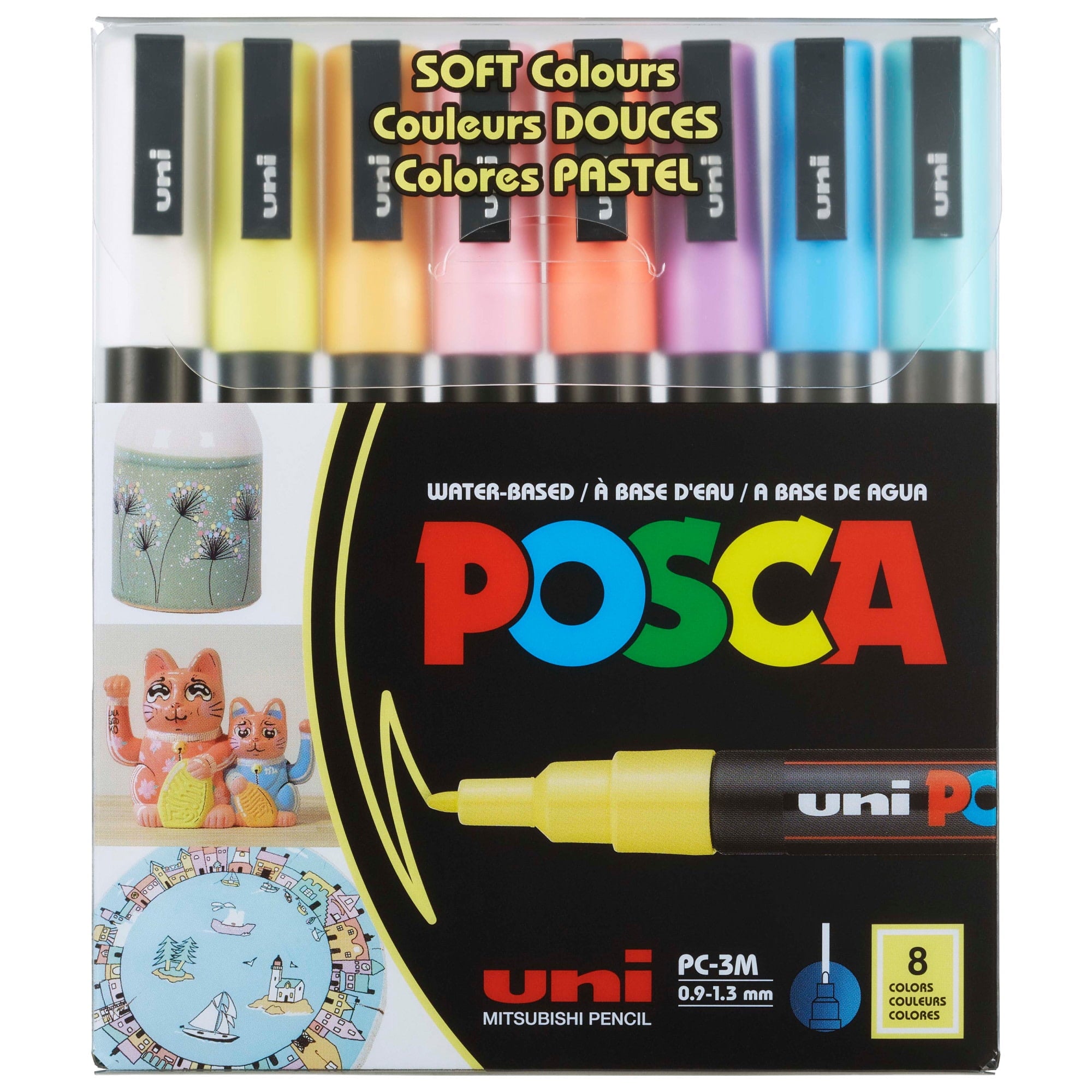 Uni POSCA PC-3M Water-Based Paint Markers, Reversible Fine Tip (0.9-1.3mm), Soft Ink Colors, 8 Count