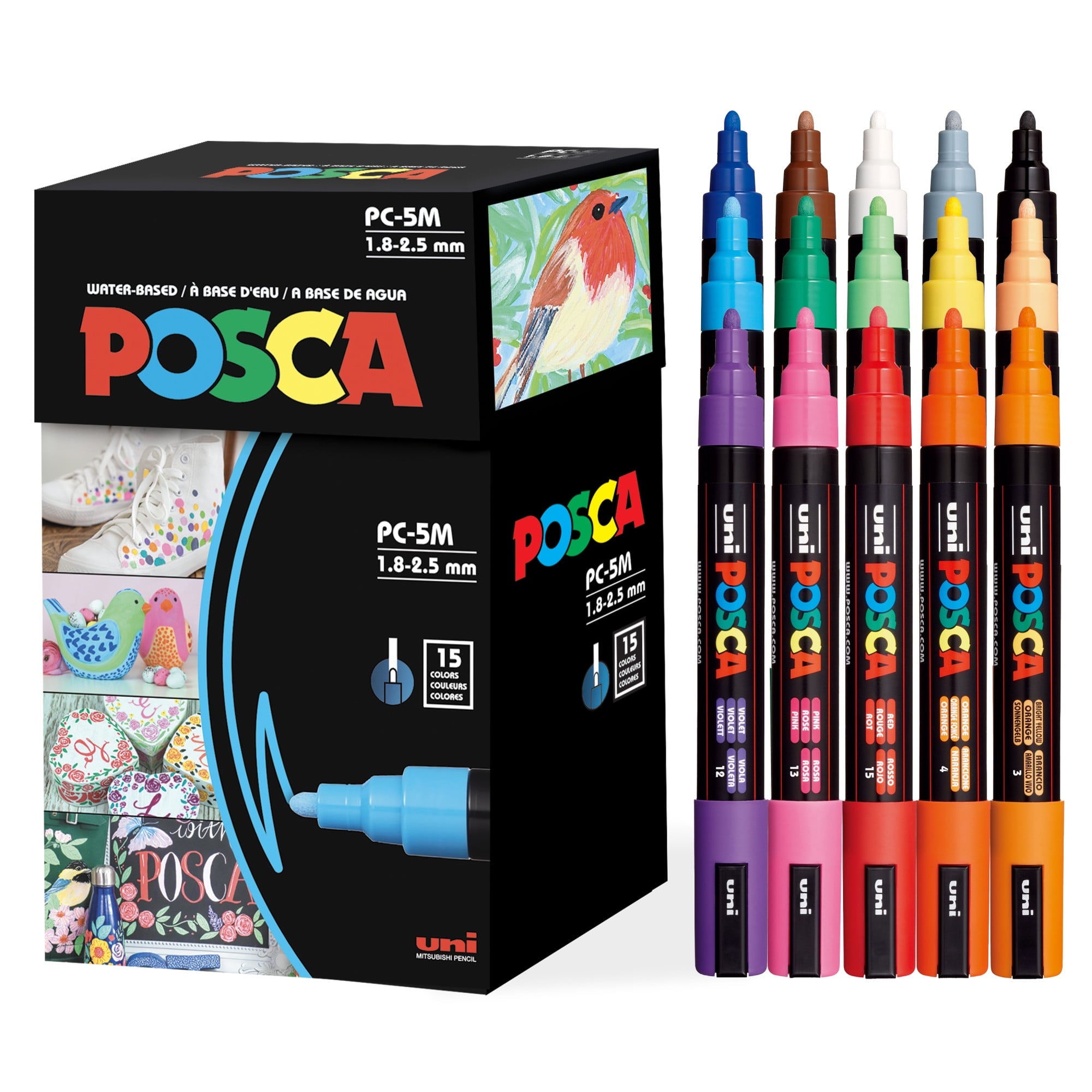 Uni POSCA PC-5M Water-Based Paint Markers, Reversible Medium Tip (1.8-2.5mm), Assorted Ink Colors, 15 Count