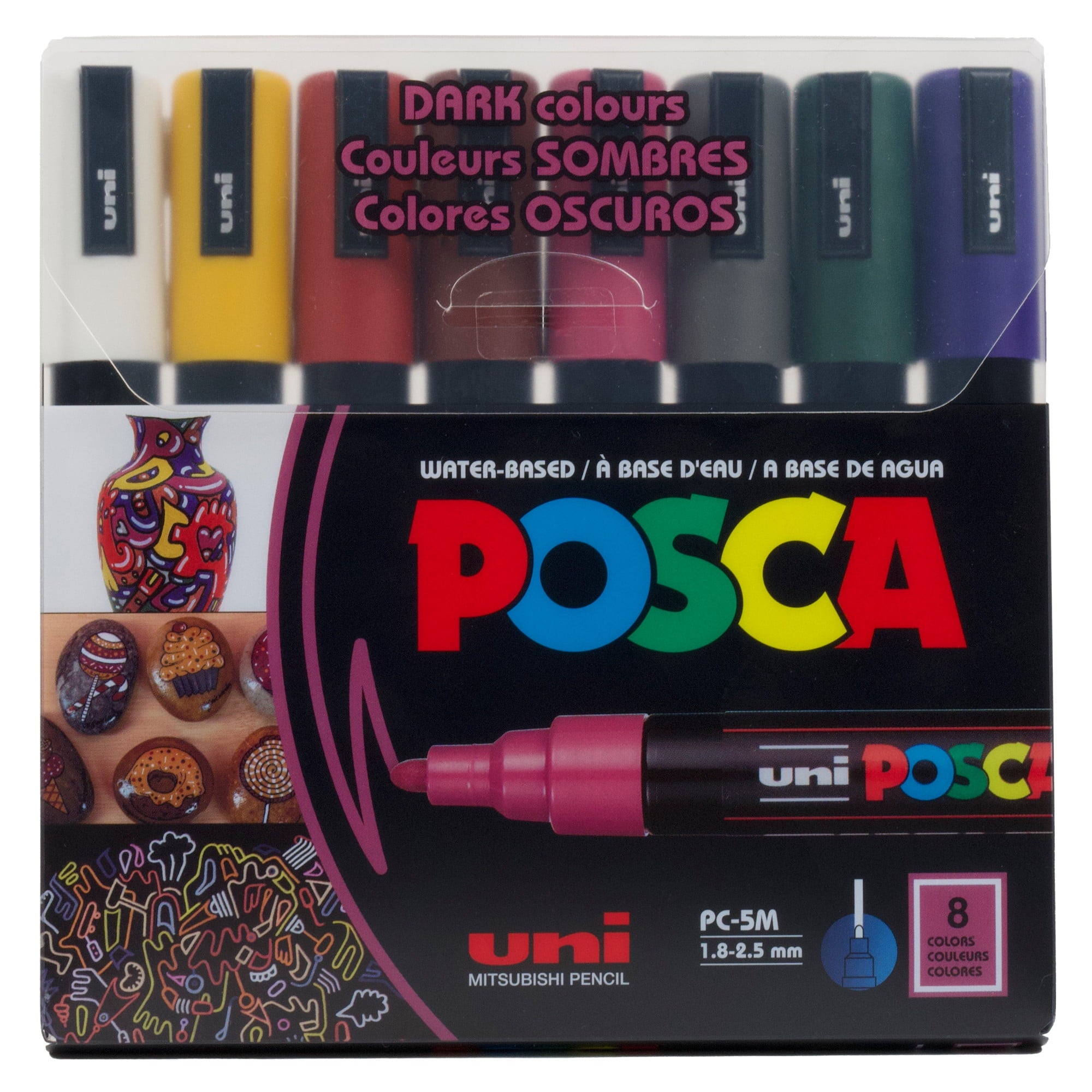 Uni POSCA PC-5M Water-Based Paint Markers, Reversible Medium Tip (1.8-2.5mm), Dark Ink Colors, 8 Count