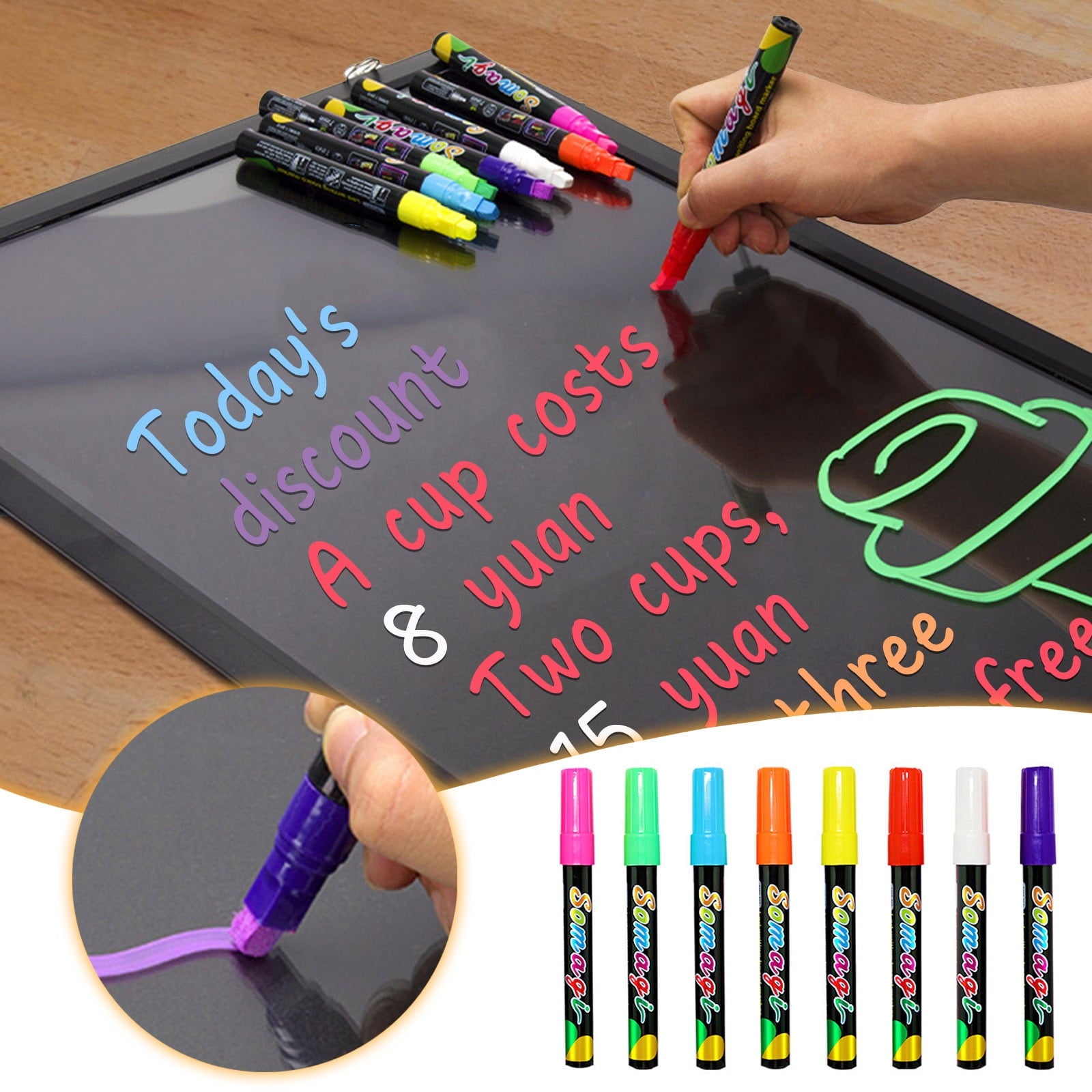 Vadktai Liquid Chalk Markers, Fine Tip Chalk Pens, 8 Colors Washable Window Markers for Chalkboard, Dry Erase Marker Pens for Car, Blackboard & Bistro, Non-Toxic, Wet Erase, Reversible Tip