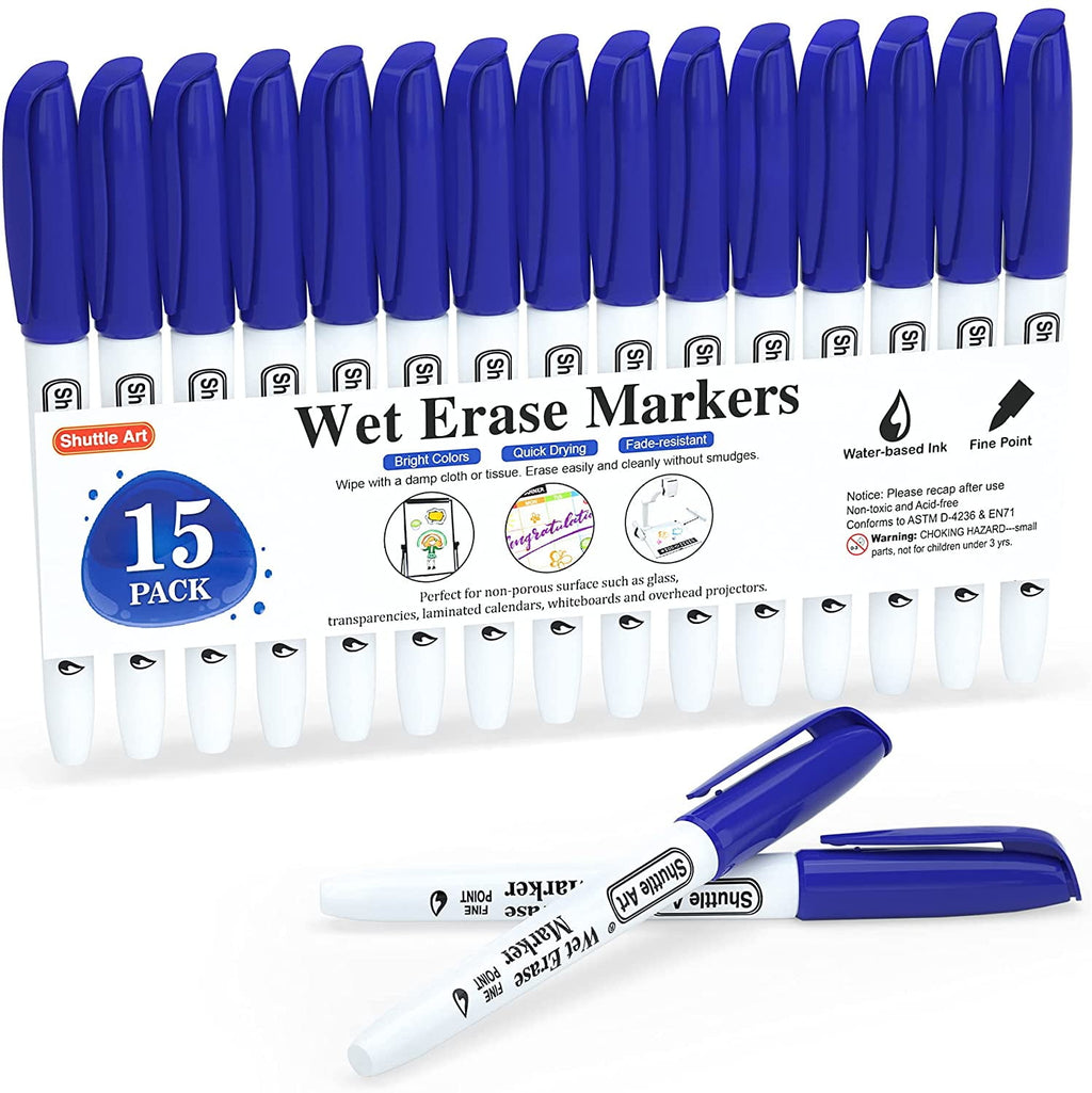 Wet Erase Markers, Shuttle Art 15 Pack Blue 1mm Fine Tip Smudge-Free Markers, Use on Laminated Calendars, Overhead Projectors, Schedules, Whiteboards, Transparencies, Glass