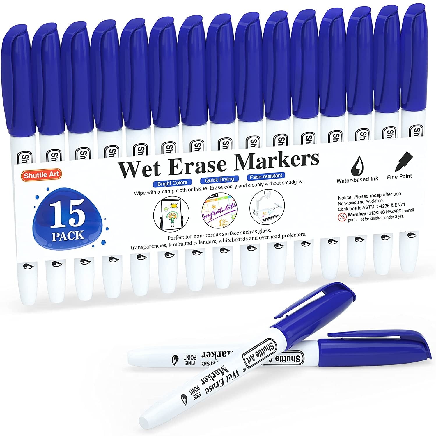 Wet Erase Markers, Shuttle Art 15 Pack Blue 1mm Fine Tip Smudge-Free Markers, Use on Laminated Calendars, Overhead Projectors, Schedules, Whiteboards, Transparencies, Glass