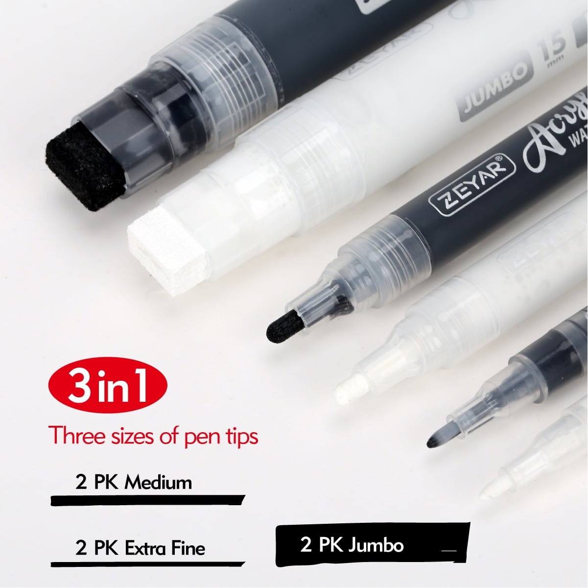 ZEYAR Acrylic Paint Marker Pens, Black & White Colors, 3 Different Point Size per Pack: Extra Fine(0.7-1mm), Medium Bullet Point(2-3mm),Jumbo Felt Tip(10-15mm) (Black & White, Extra fine,Medium,Jumbo)