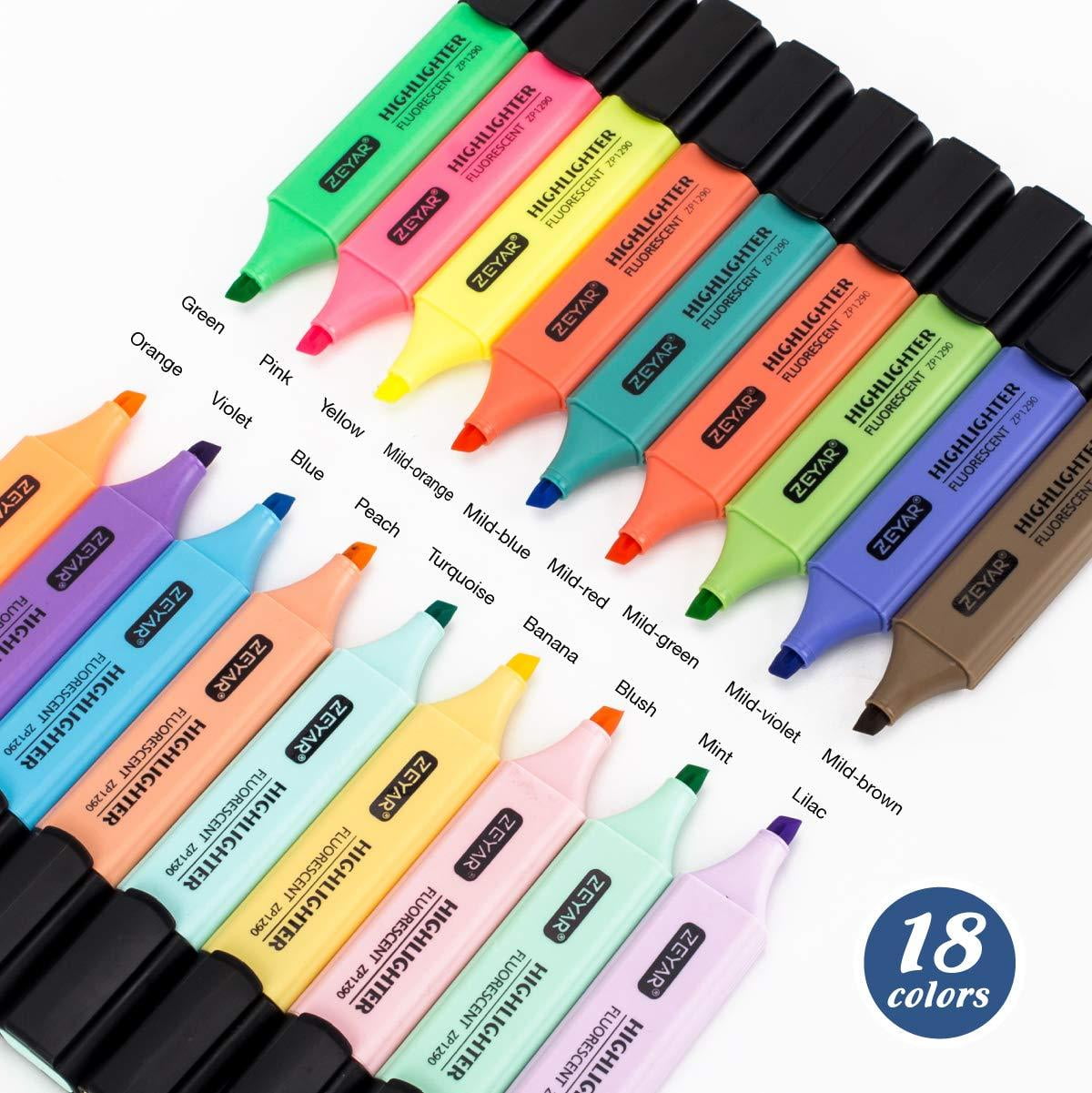 ZEYAR Highlighter Pastel Colors Chisel Tip Marker Pen, Assorted Colors, Water Based, Quick Dry 18 Colors