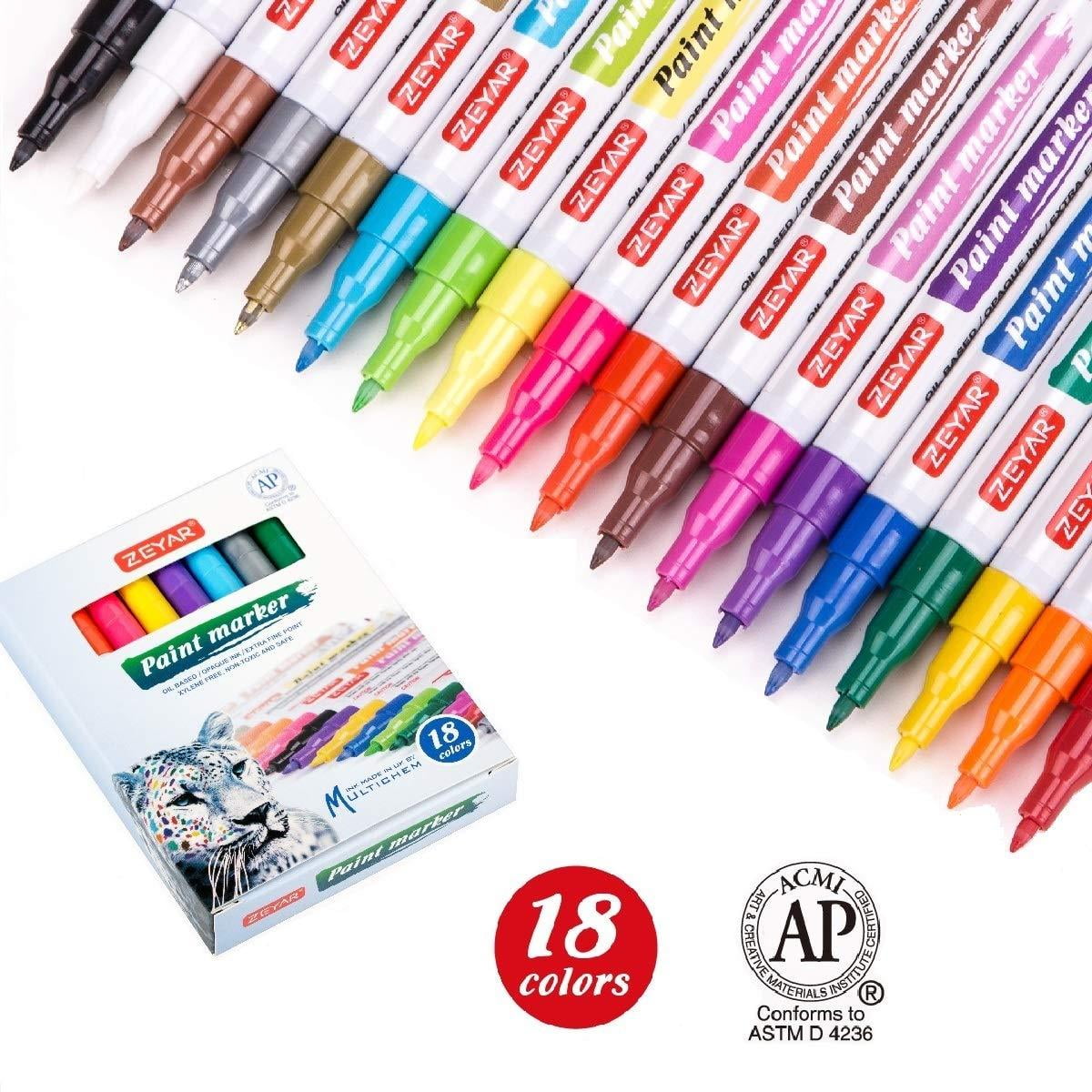 ZEYAR Paint Markers, AP Certified, Extra Fine Point, 18 colors, Permanent &amp; Waterproof ink, Works on Rock, Wood, Glass, Metal and Ceramic and Almost All Surfaces