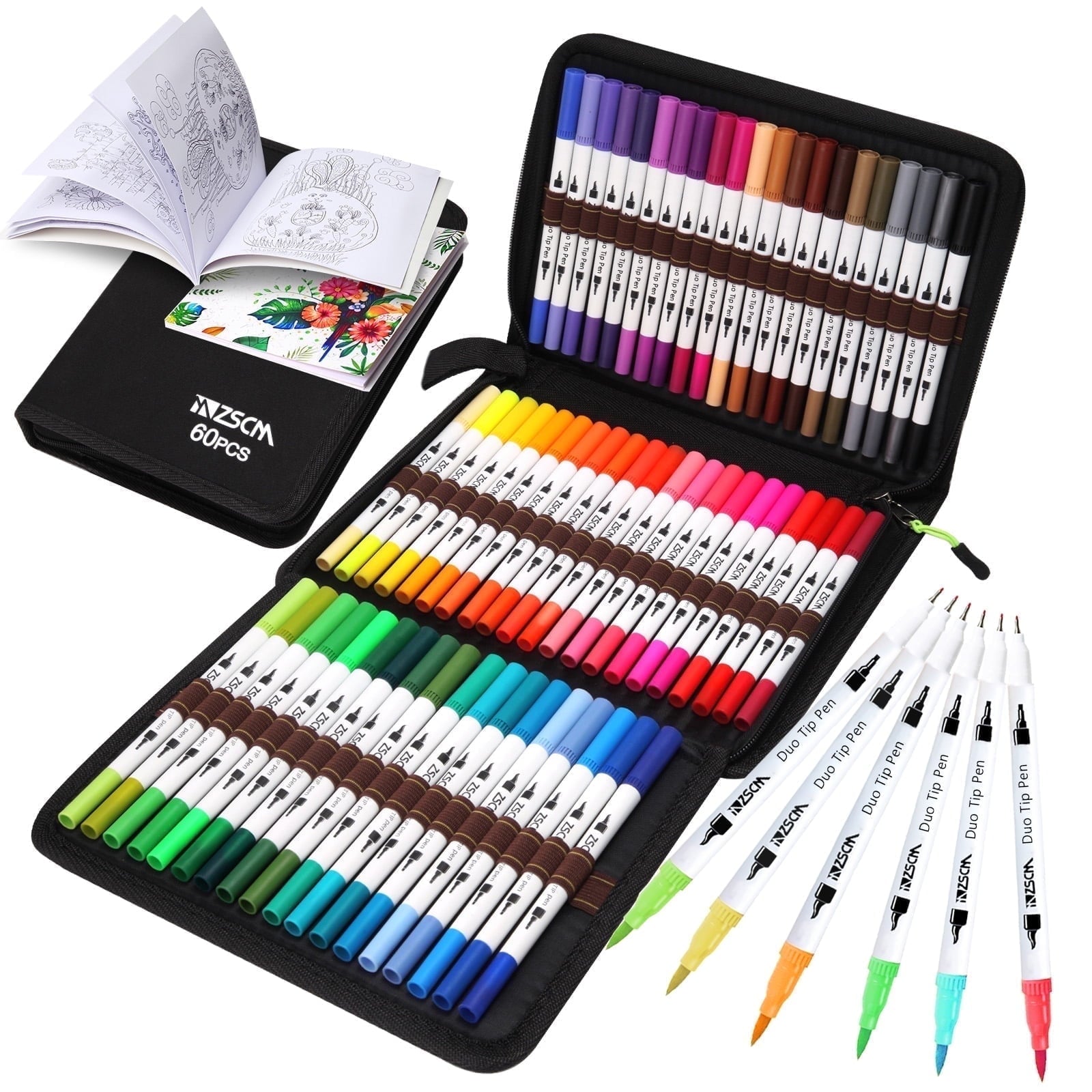 ZSCM 60 Colors Markers for Adult Coloring Books No Bleeding - Duo Tip Art Pens, Fine & Brush Coloring Marker for Adult Calligraphy, Illustration, Cards Drawing, Note taking Lettering, Journaling
