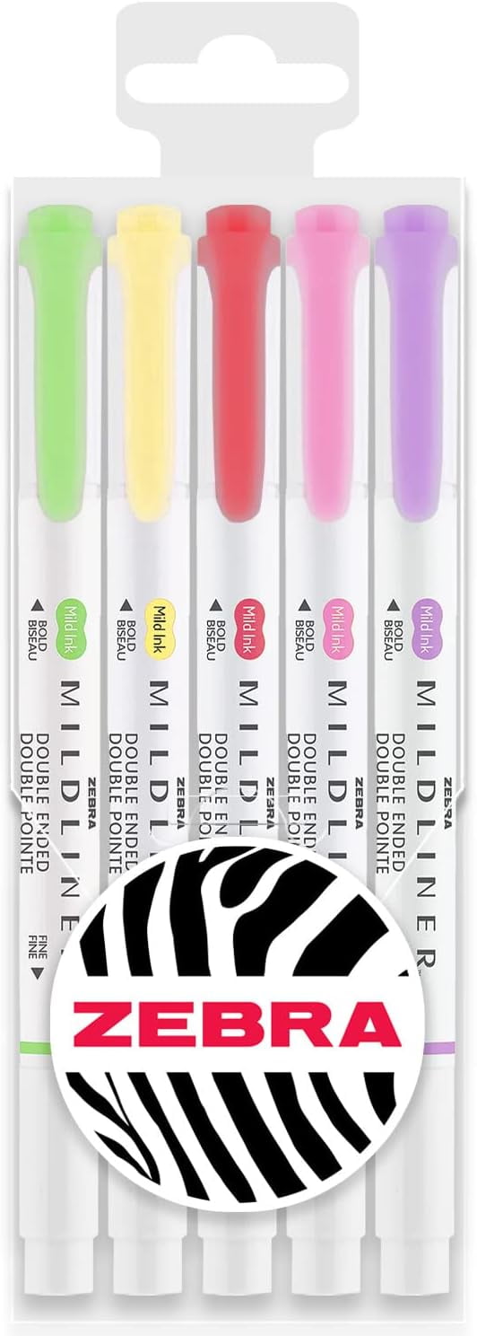 Zebra Mildliner Marker Highlighter Pens - Double Ended - Chisel/Bullet Tip - Wallet of 5 - Green, Yellow, Red, Pink, Violet