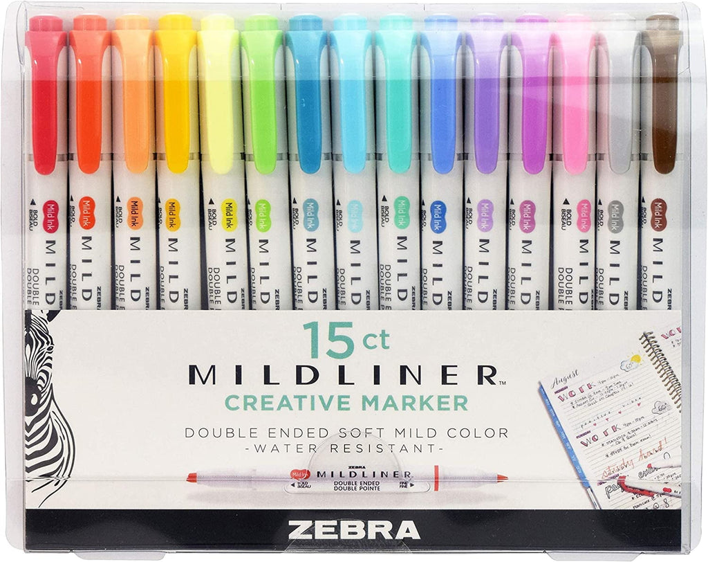 Zebra Pen Mildliner Double Ended Highlighter Set, Chisel and Bullet Tips, Assorted Ink Colors, 15-Pack