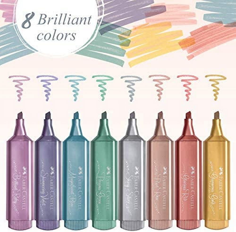 Faber-Castell Metallic Highlighter Set - Assortment of 8 Subtle Glitter Highlighter Markers - Note Taking and Journaling Supplies