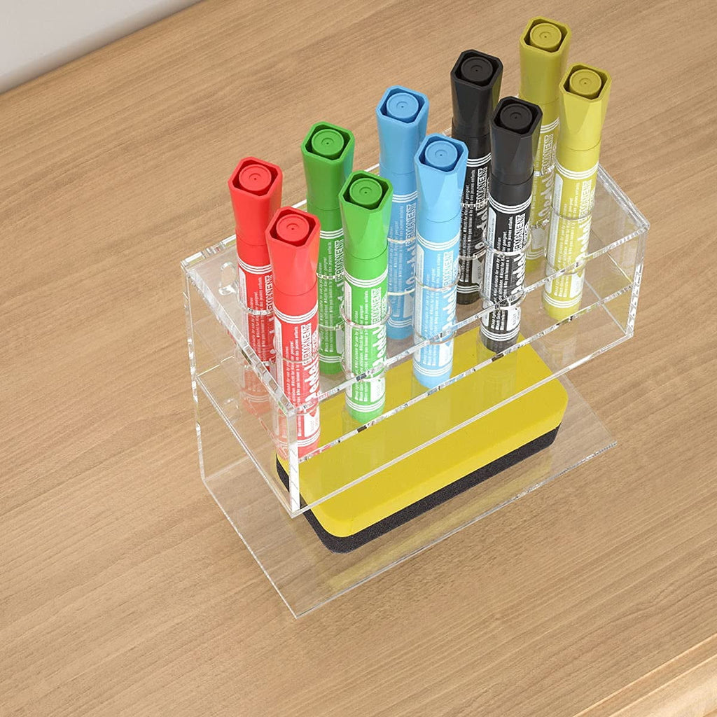 NIUBEE Dry Erase Whiteboard Magnetic Marker Holder Wall Mounted with 10 Marker Slots & Eraser Holder, Clear Acrylic Marker Organizer Stand for Fridge Whiteboard Locker, Wall Pen Pencil Marker Shelf