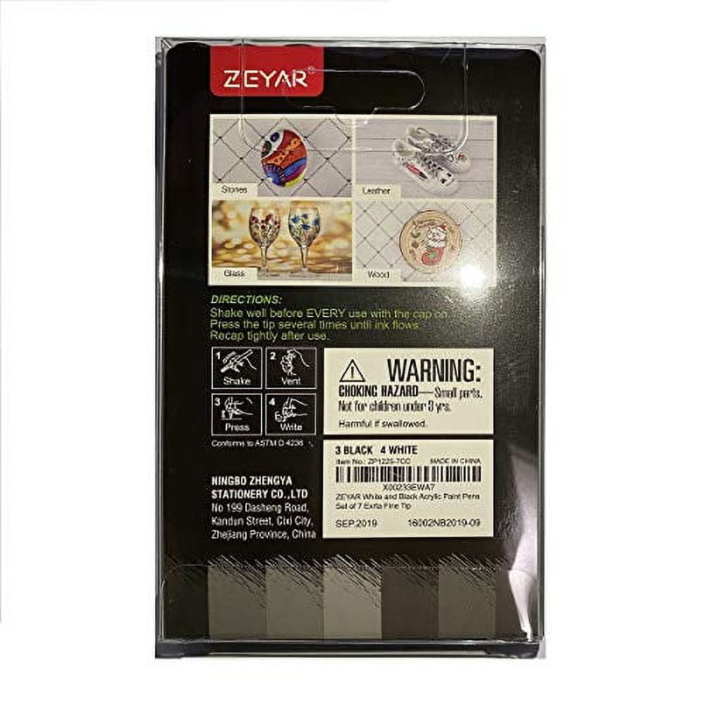 ZEYAR White and Black Acrylic Paint pen, Water Based, Set of 7, Extra Fine Point, Great for Rock Painting, Ceramic, Glass, Wood and smooth surfaces, Opaque ink