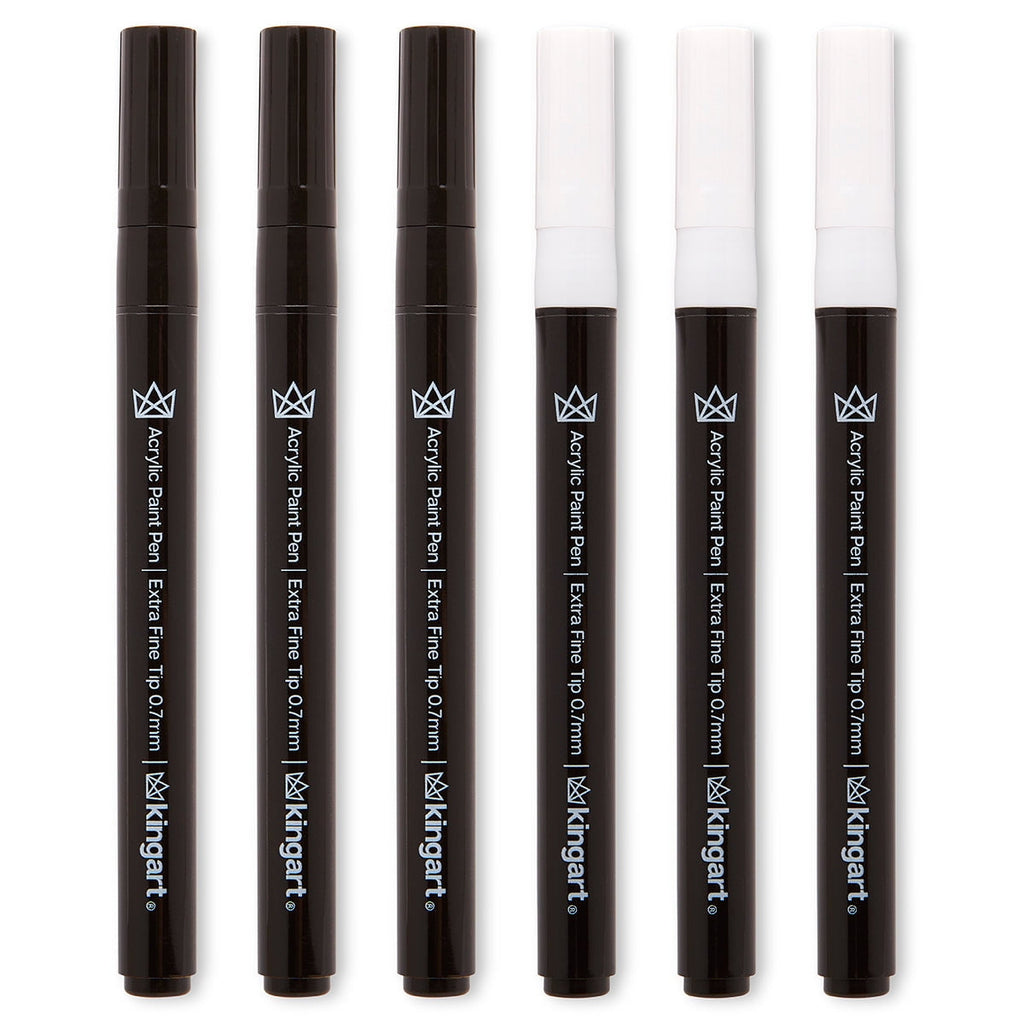 KINGART&reg; PRO Extra Fine Point Acrylic Paint Pen Markers, Black & White, Set of 6 (3 each)